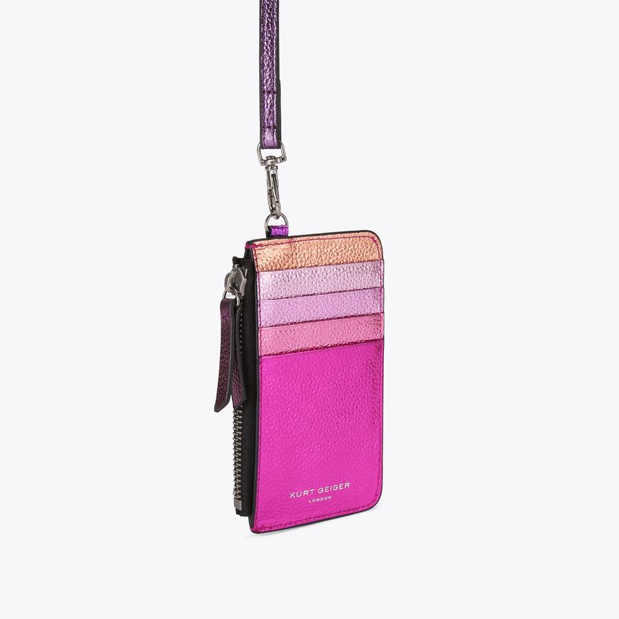 CARD HOLDER STRAP LEATHER Pink Metallic Card Holder With Strap by