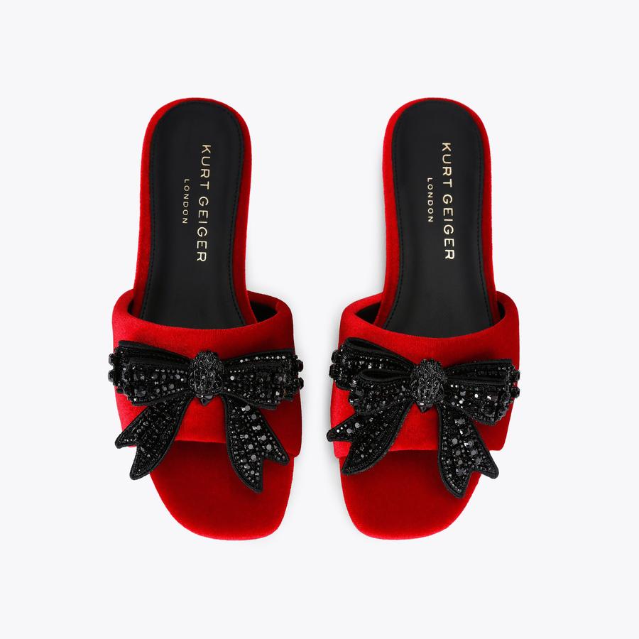 KENSINGTON BOW FLAT SDL Soft Red Velvet Slip On Sandal by