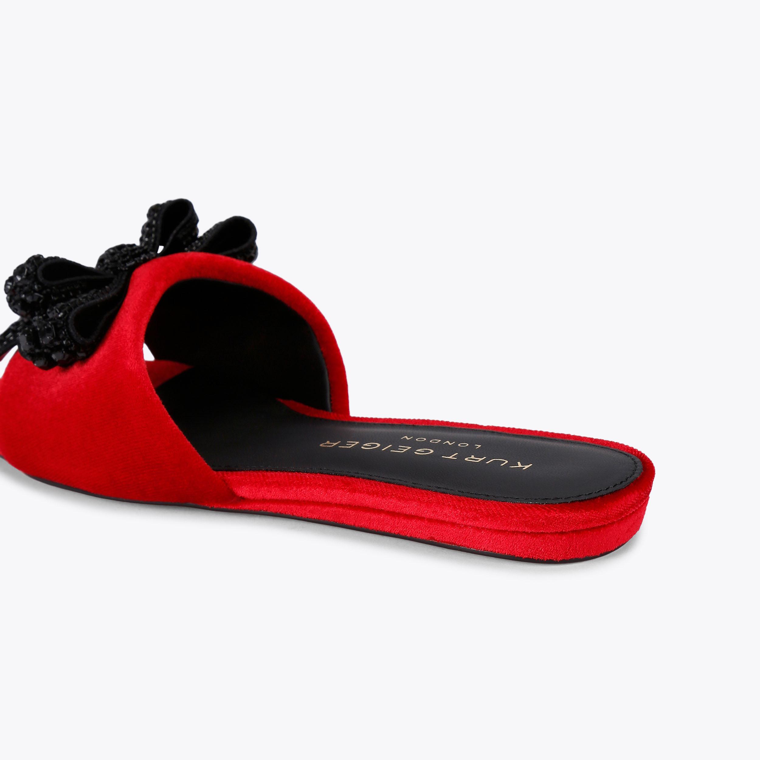 KENSINGTON BOW FLAT SDL Soft Red Velvet Slip On Sandal by