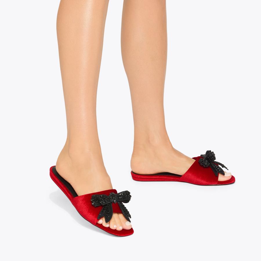 anju KENSINGTON BOW FLAT SDL Soft Red Velvet Slip On Sandal by