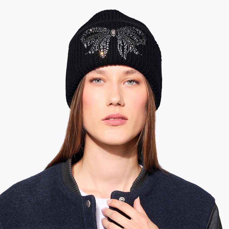 BELGRAVIA BOW BEANIE Black Bow Crystal Beanie by KURT GEIGER LONDON