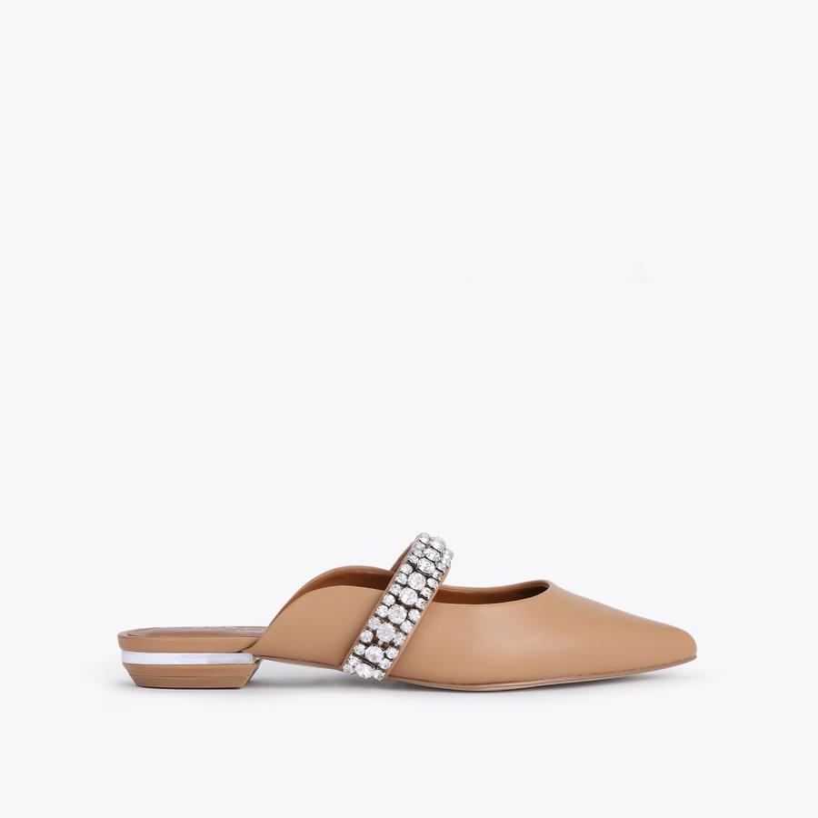 PRINCELY Camel Leather Crystal Strap Flat Mules by KURT GEIGER LONDON