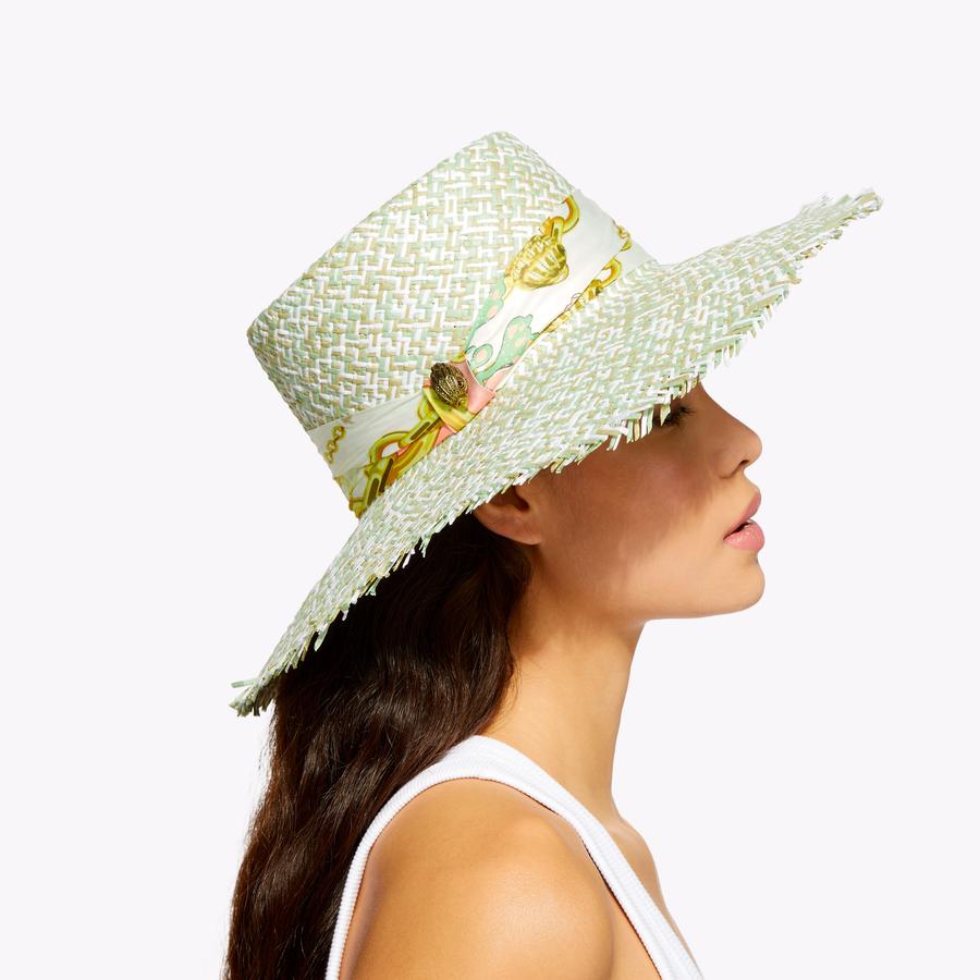 Kurt Geiger London Woven Straw Sun Hat Blue Green Fray Trim Eagle NWT Kurt Geiger Green Wicker Straw Hat with Eagle Stud Detail main image 3