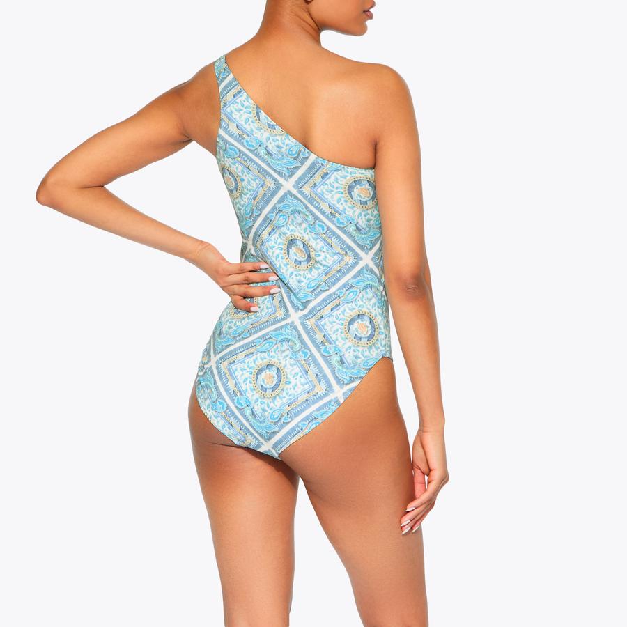 KENSINGTON SWIMSUIT Blue Paisley One Shoulder Swimsuit by KENSINGTON SWIMSUIT Blue Paisley One Shoulder Swimsuit by