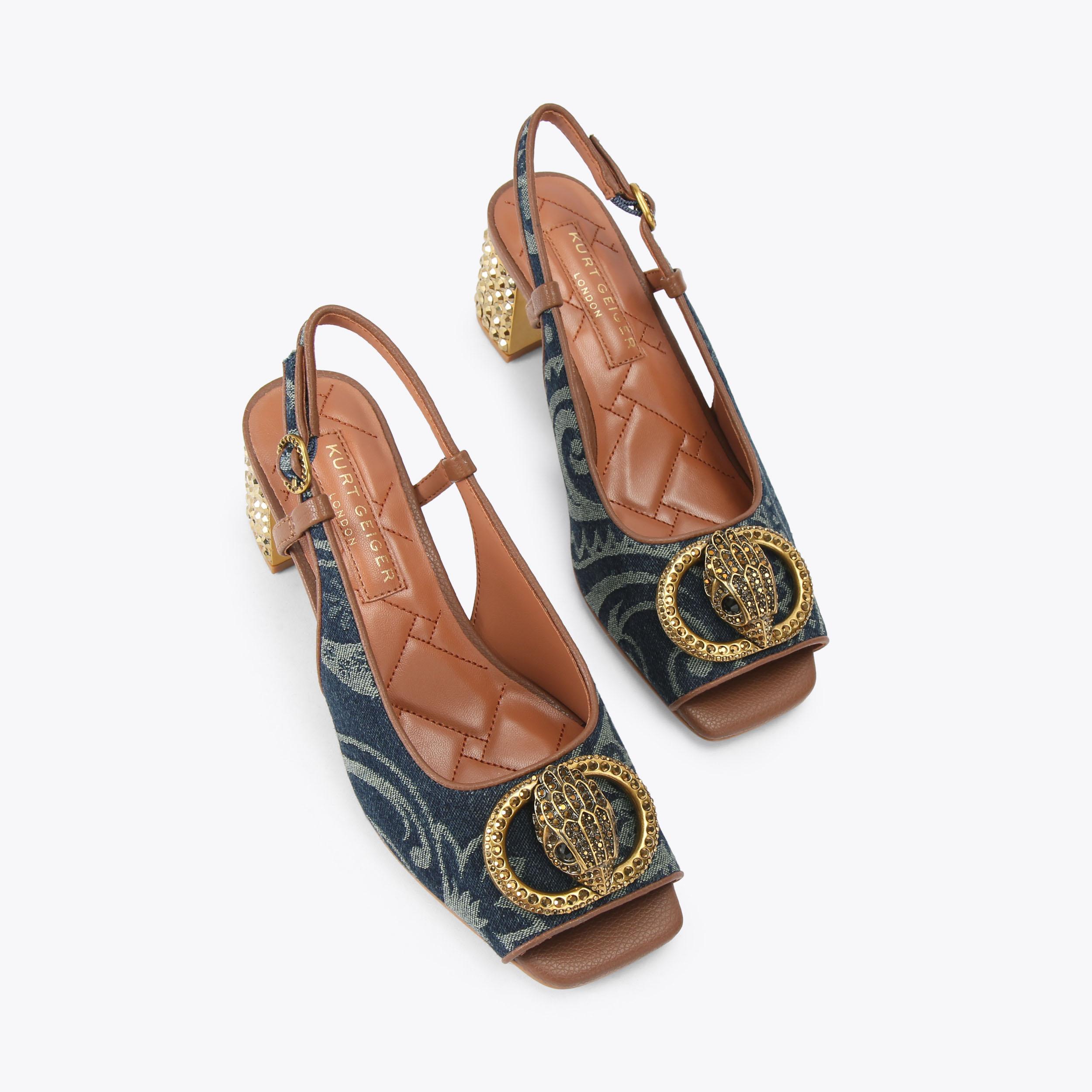 CHELSEA BLOCK SQ SLING Paisley Denim Heel by KURT GEIGER LONDON