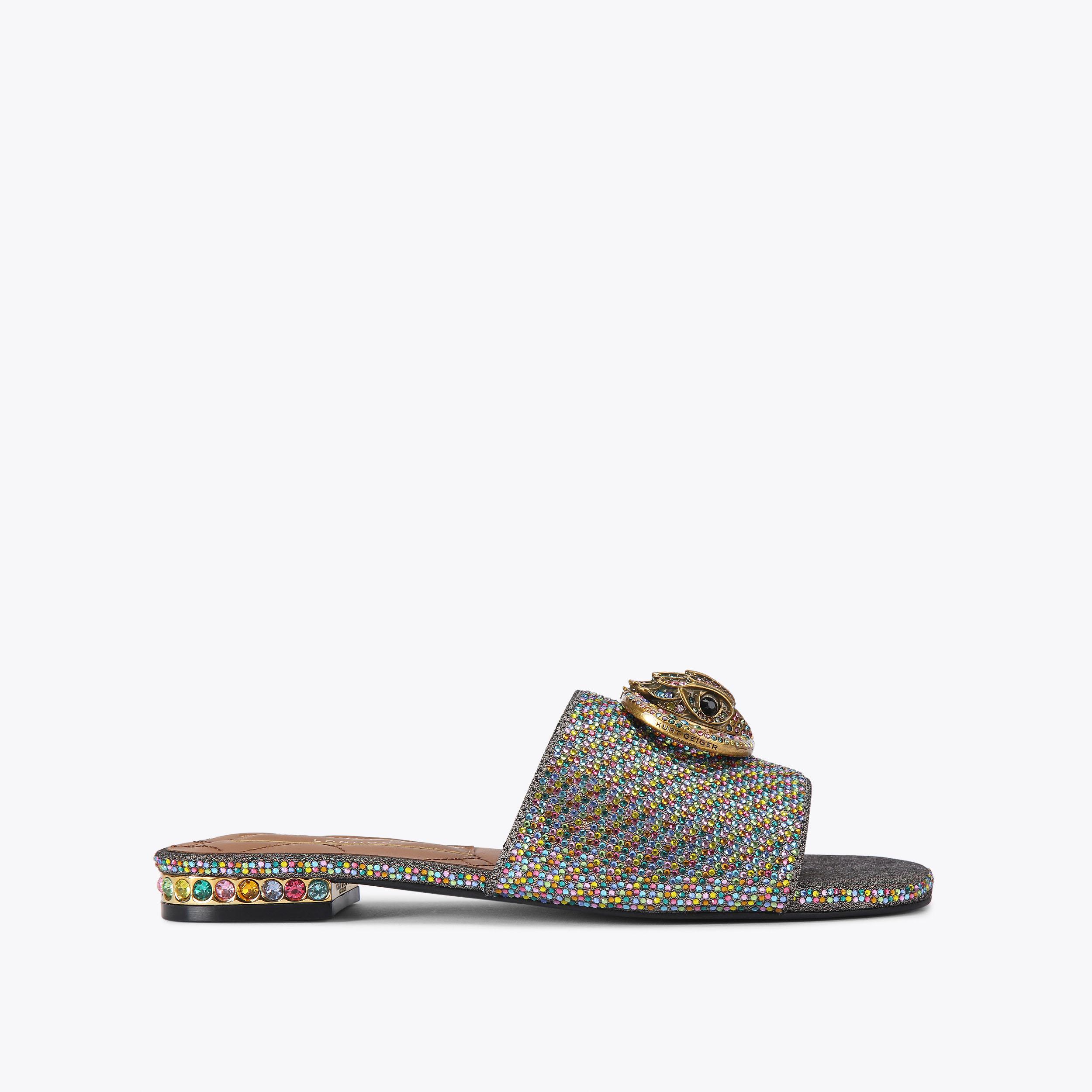 CHELSEA FLAT SANDAL Beige Houndstooth Crystal Slip On Sandal