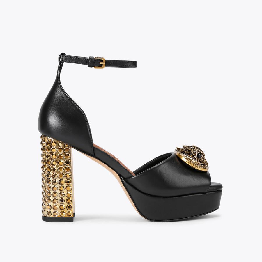 CHELSEA PLATFORM SANDAL Black Leather Block Heel by KURT GEIGER LONDON