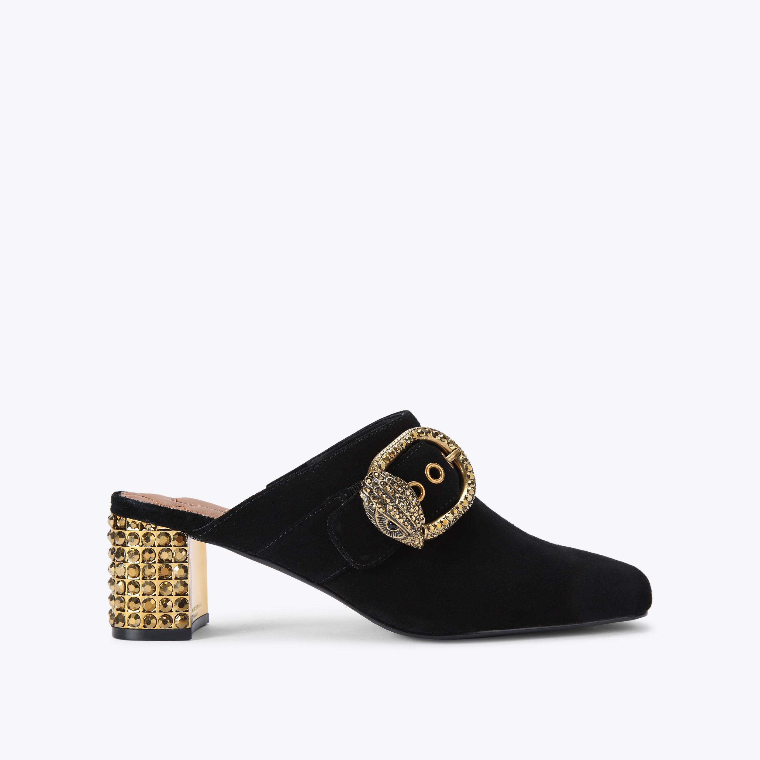 MAYFAIR CLOSE BLOCK MULE Black Suede Mule Heel by KURT GEIGER LONDON