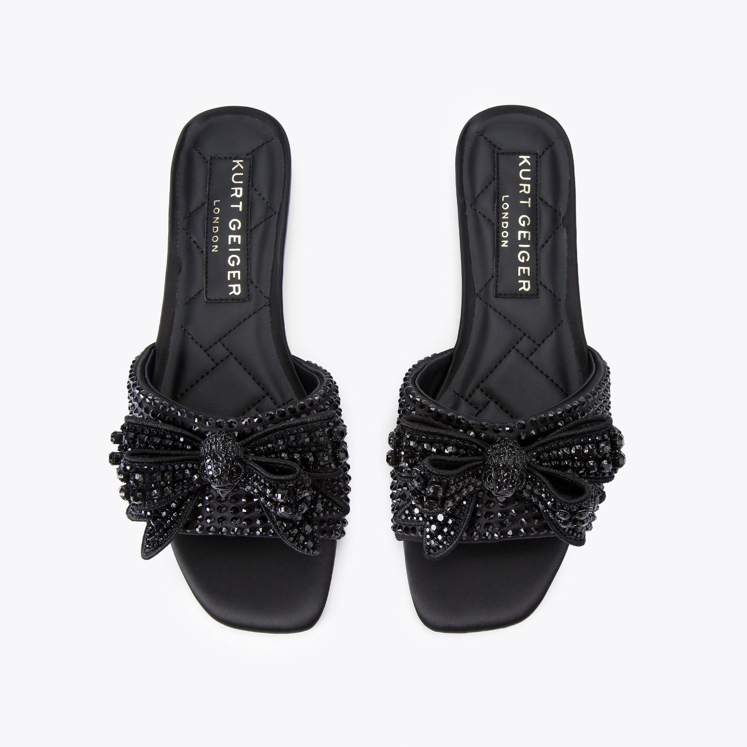 KENSINGTON BOW FLAT SDL Black Satin Slip On Sandals by KURT GEIGER LONDON