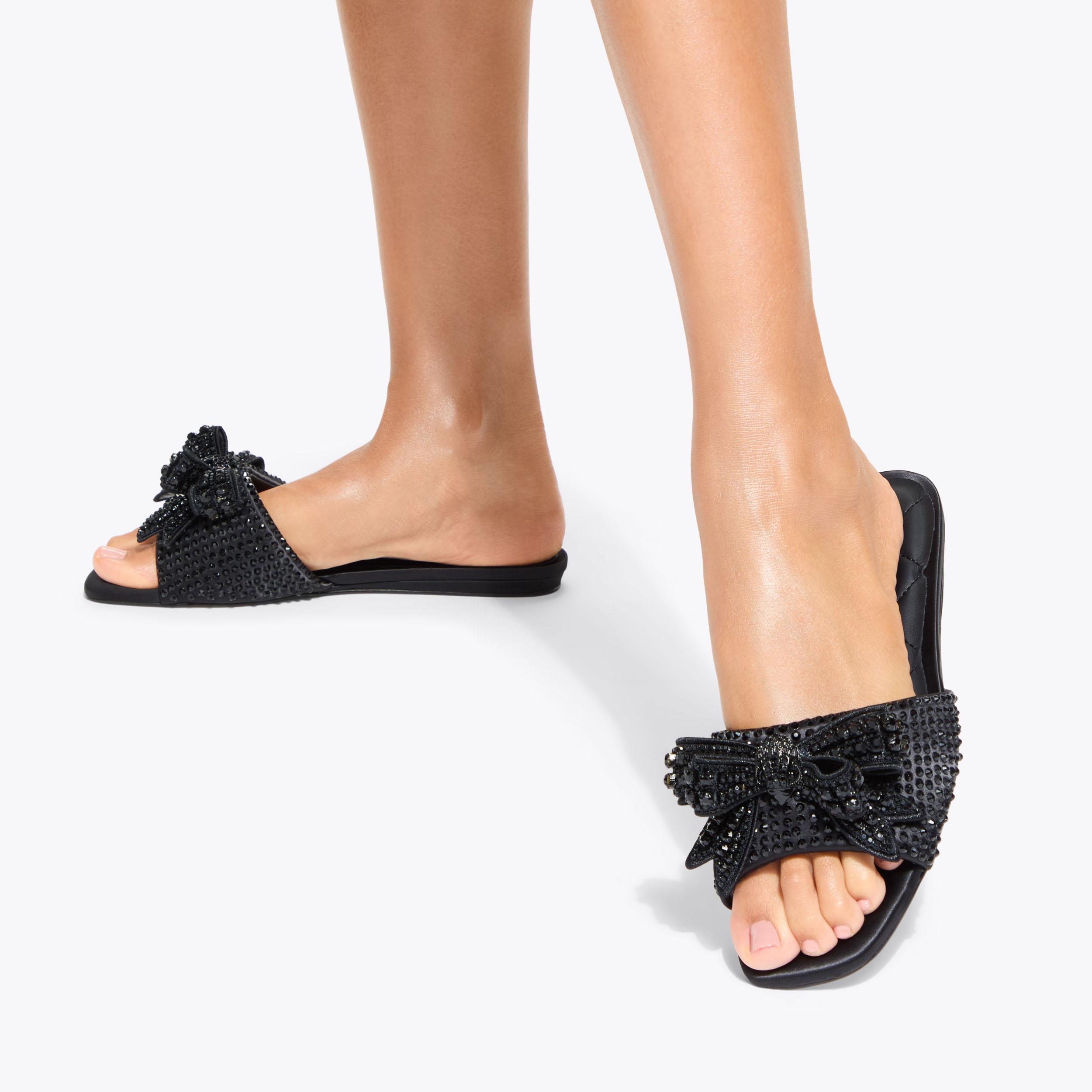 KENSINGTON BOW FLAT SDL Black Satin Slip On Sandals by KURT GEIGER LONDON