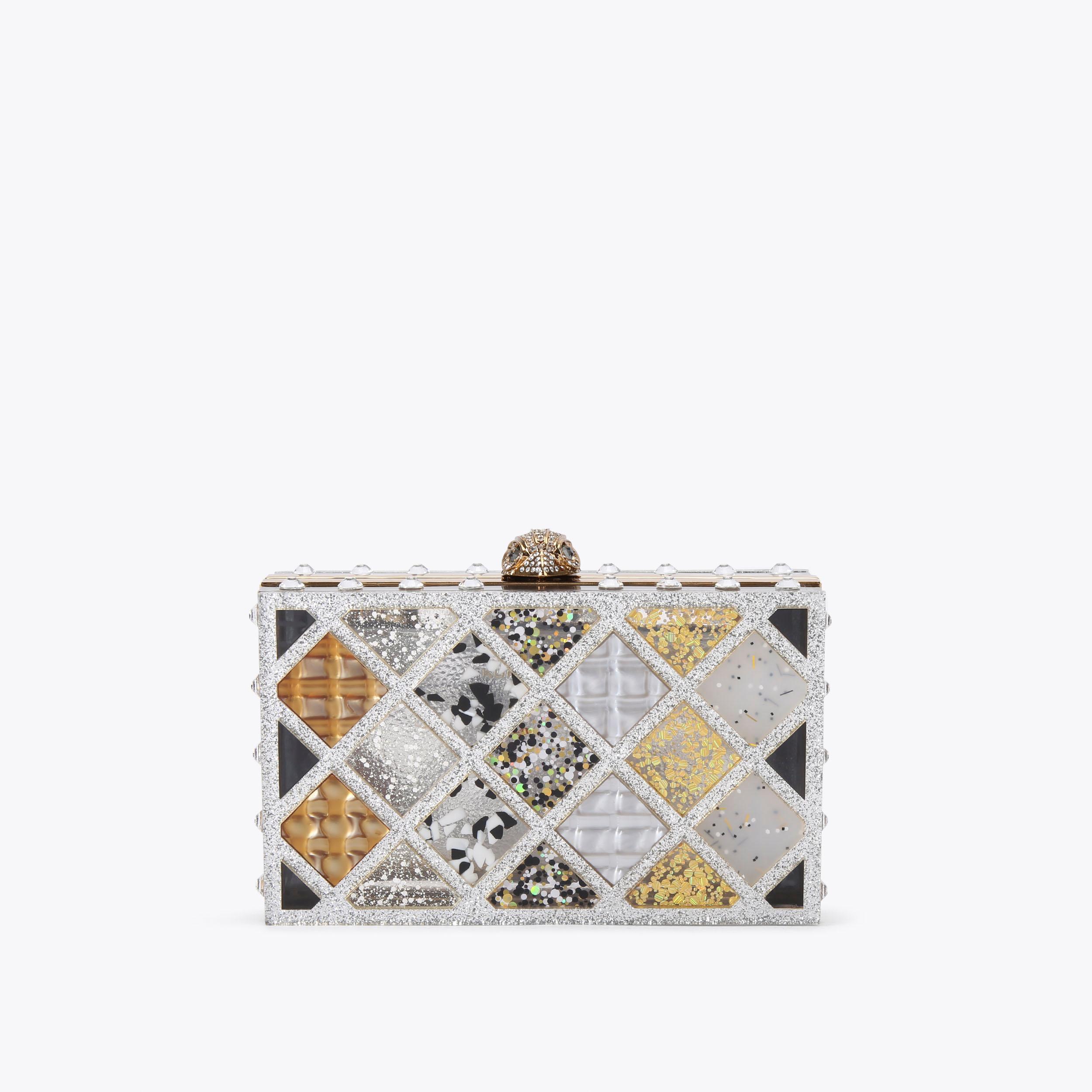 Chunky square cut crystal cubic clutch, Chunky crystal online clutch, Blue, green and white crystal cubic clutch, Minimal crystal square clutch