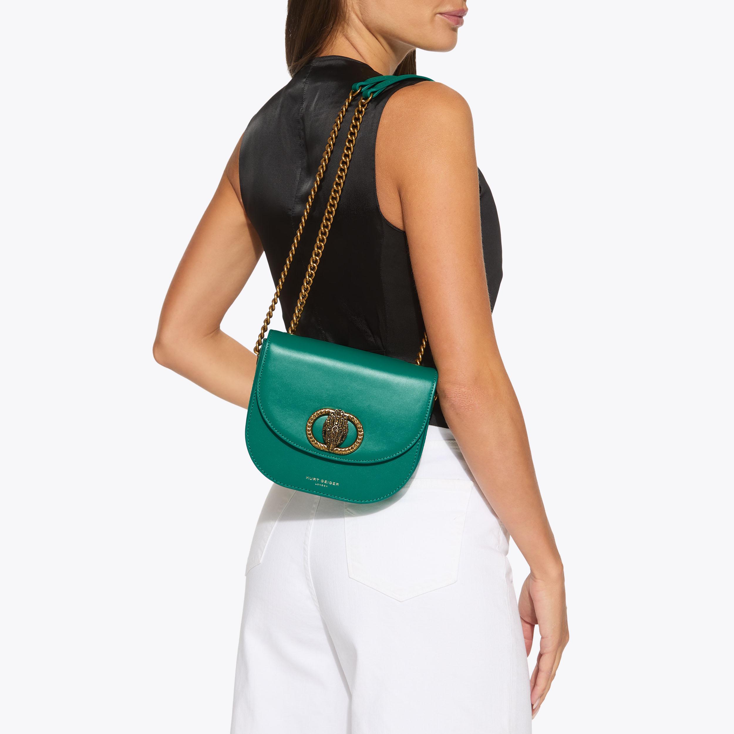 Chelsea Green Leather Saddle Bag | Crossbody Purse | Kurt Geiger
