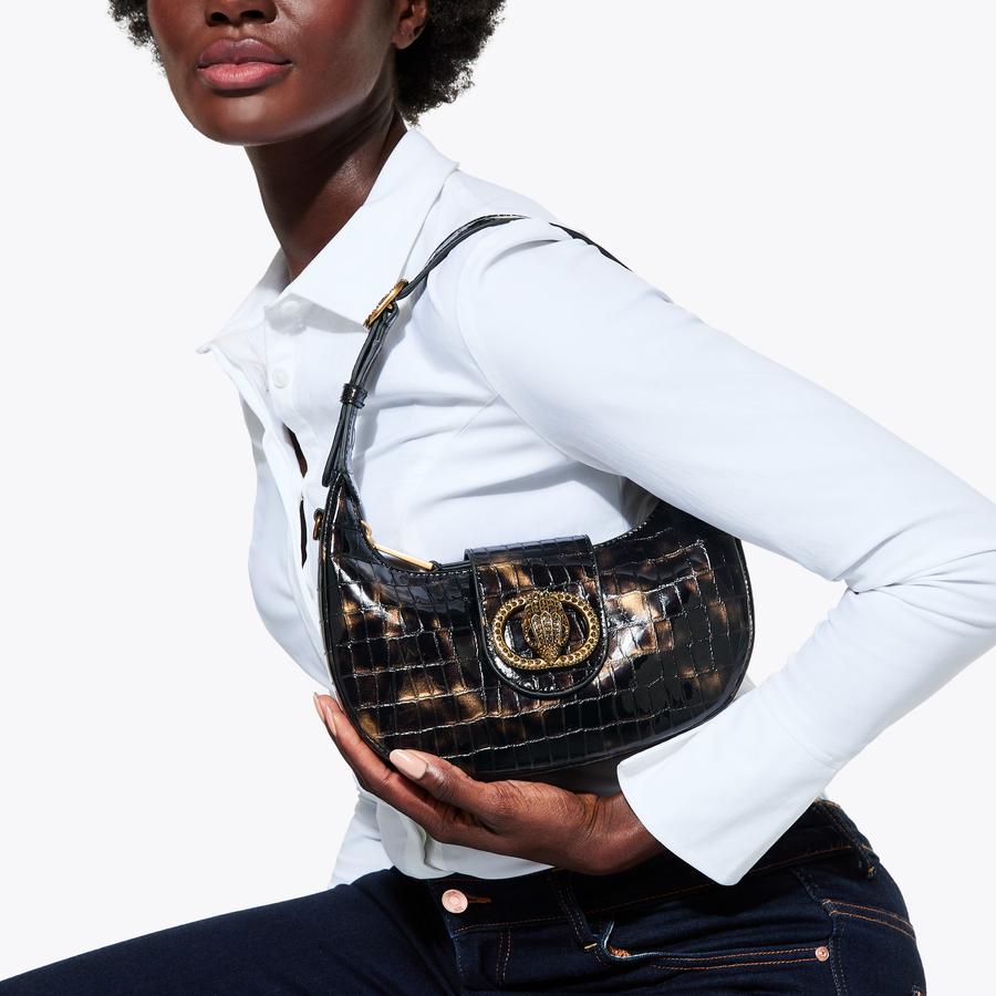 SM CHELSEA HOBO Black Gold Croc Shoulder Purse by KURT GEIGER LONDON