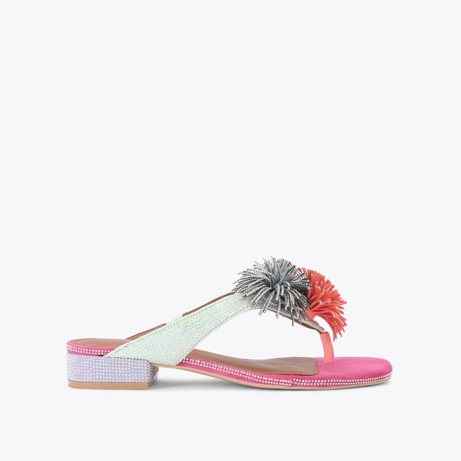 Pom Pom T-bar Flat Sandal