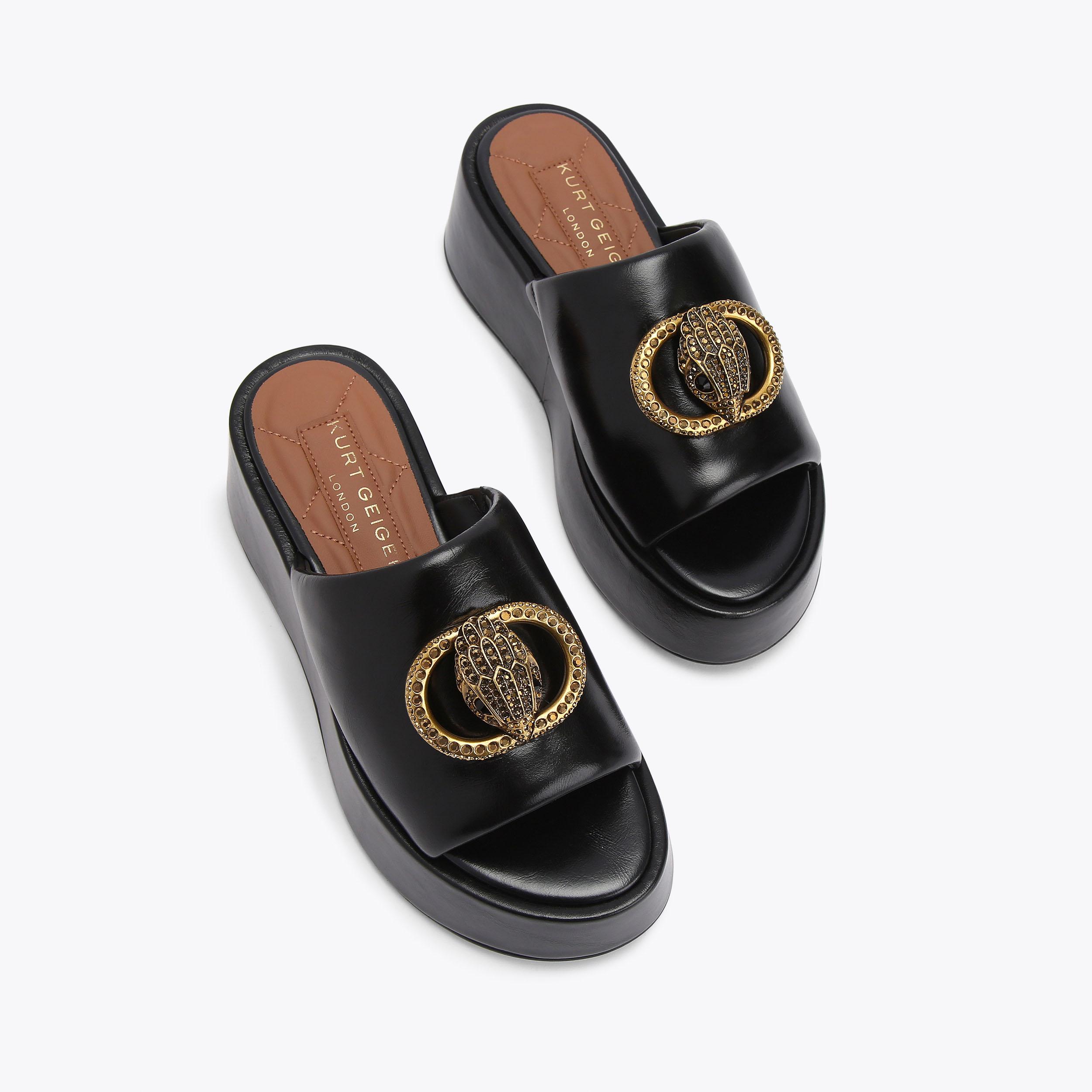 CHELSEA FLATFORM MULE Black Leather Slip On Chunky Mule by