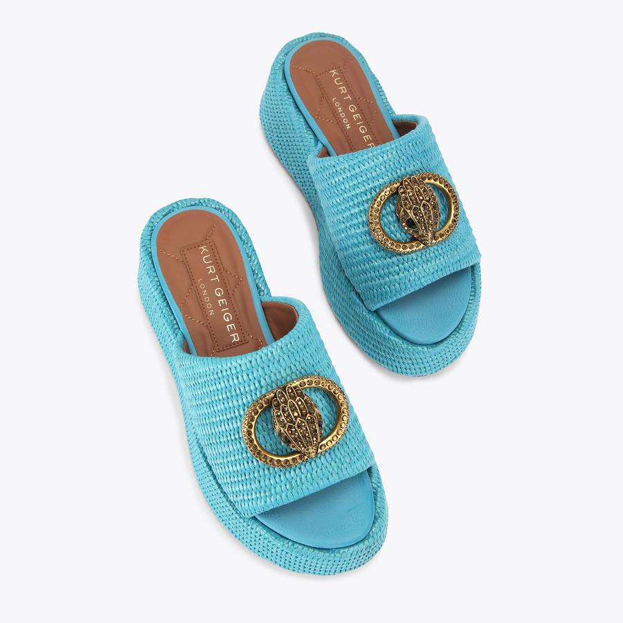 CHELSEA FLATFORM MULE Blue Woven Raffia Chunky Sandal by