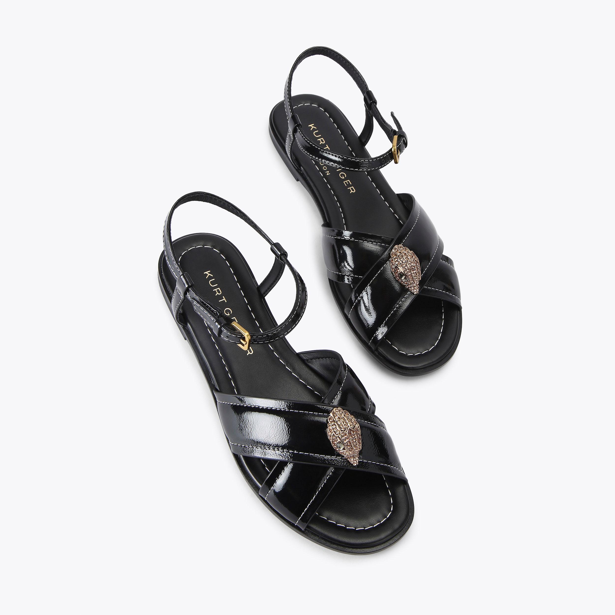ORSON CROSS FLAT SANDAL Black Patent Leather Flat Sandal by KURT