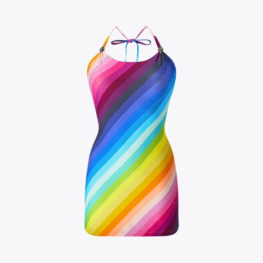 Rainbow Stripe Crystal Mini Dress