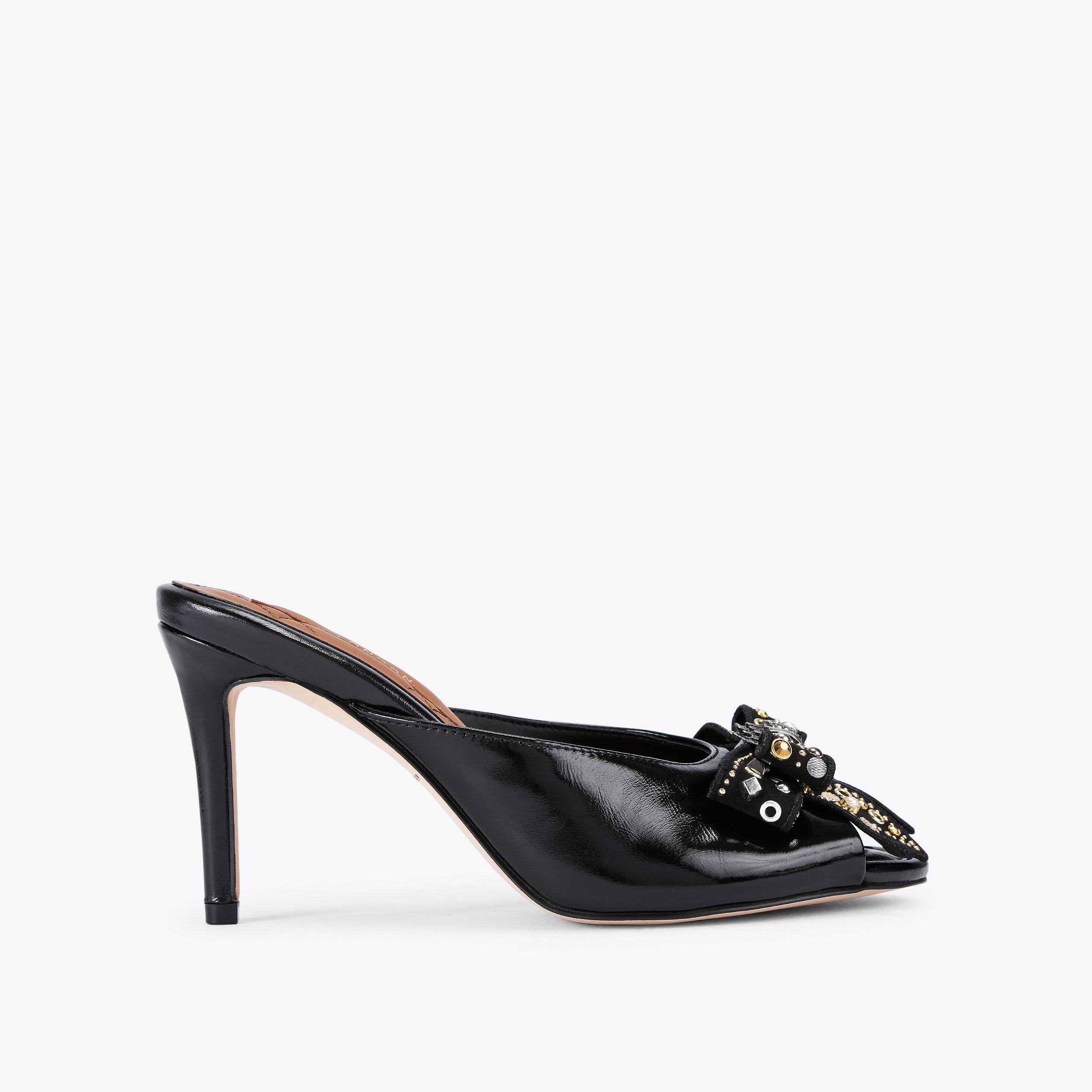 BELGRAVIA STUD BOW MULE Black Patent Leather Mule Heel by