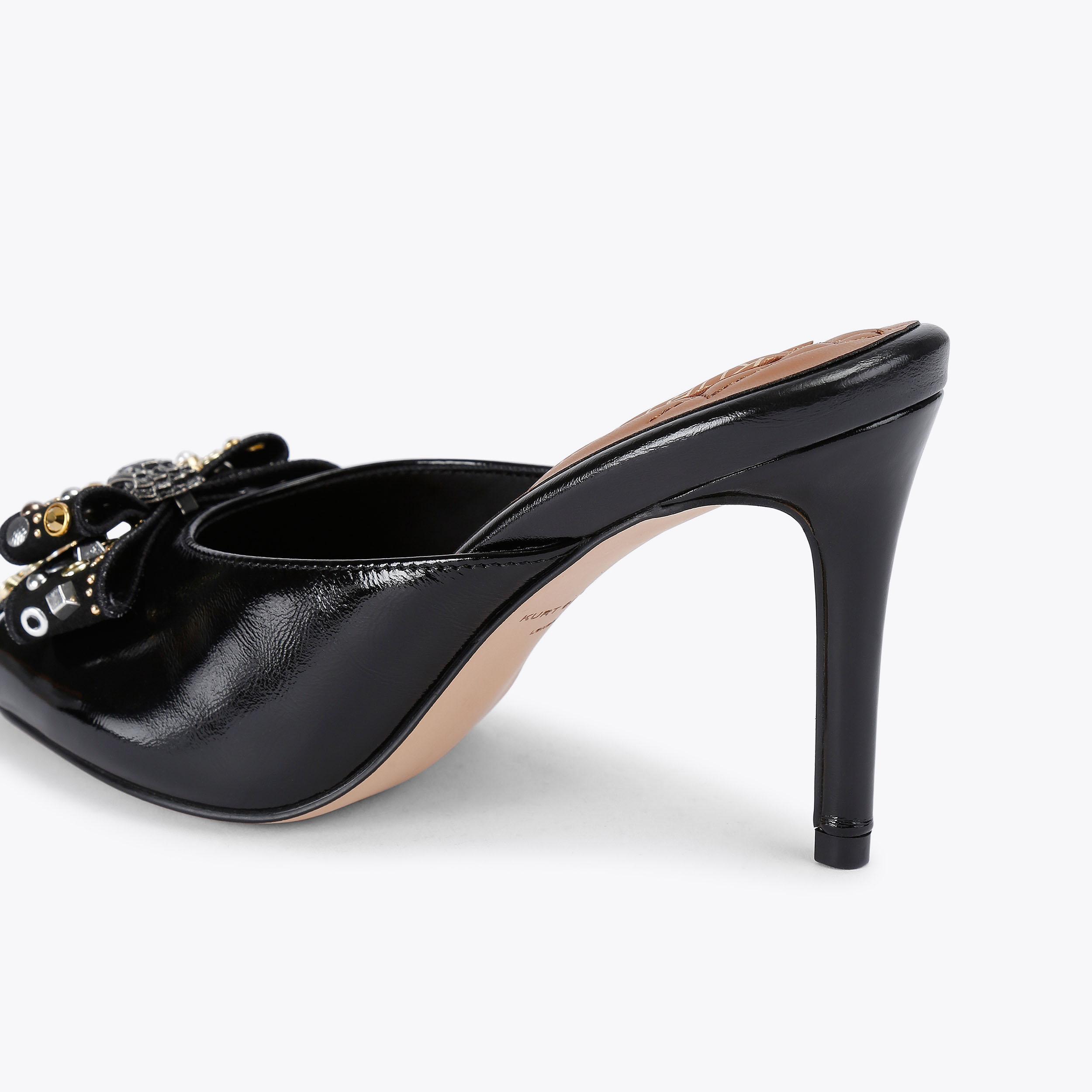 BELGRAVIA STUD BOW MULE Black Patent Leather Mule Heel by