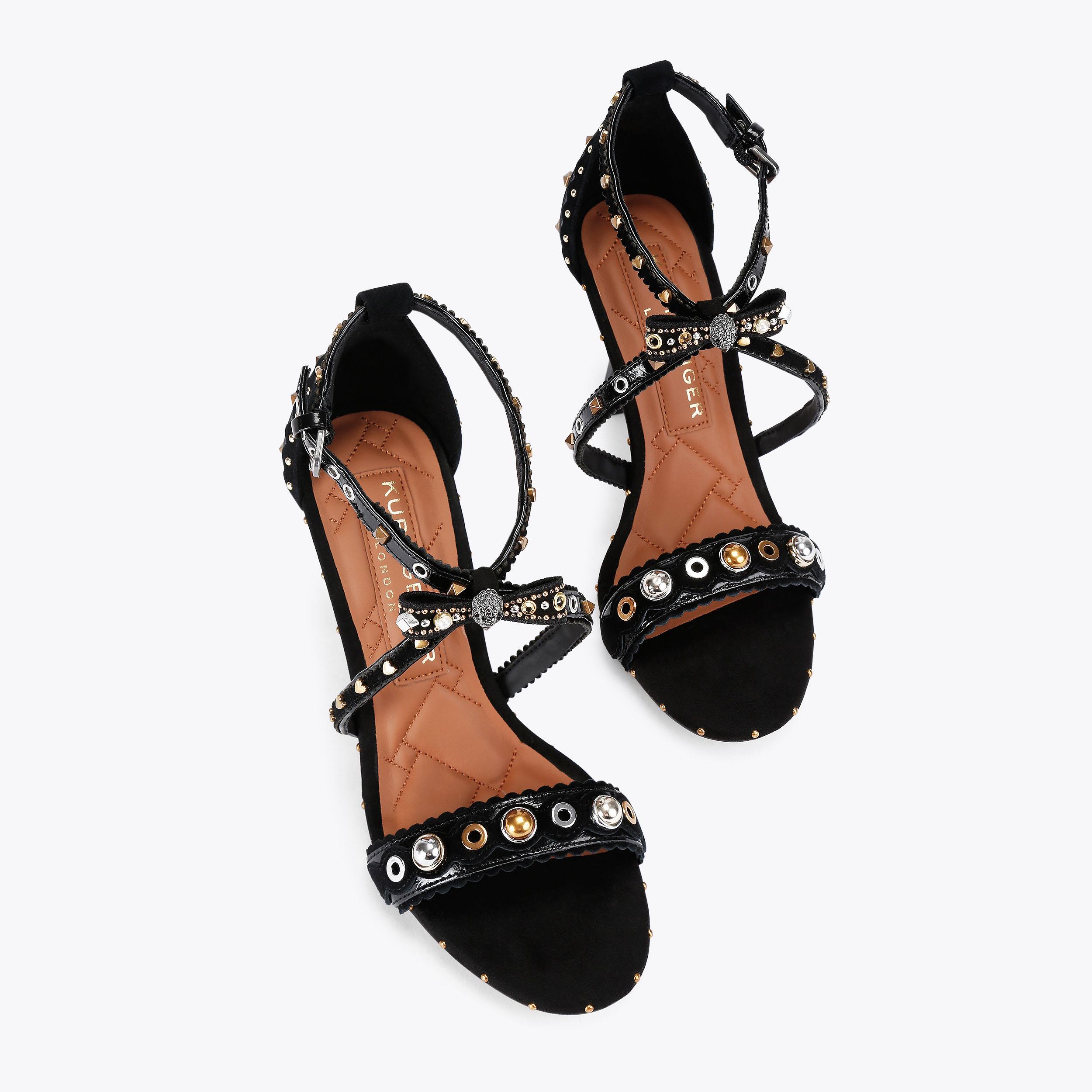 ホースシューさま　Little Wing col.Black MINI BOW EYELET SANDAL Black Suede High Heels by KURT GEIGER LONDON