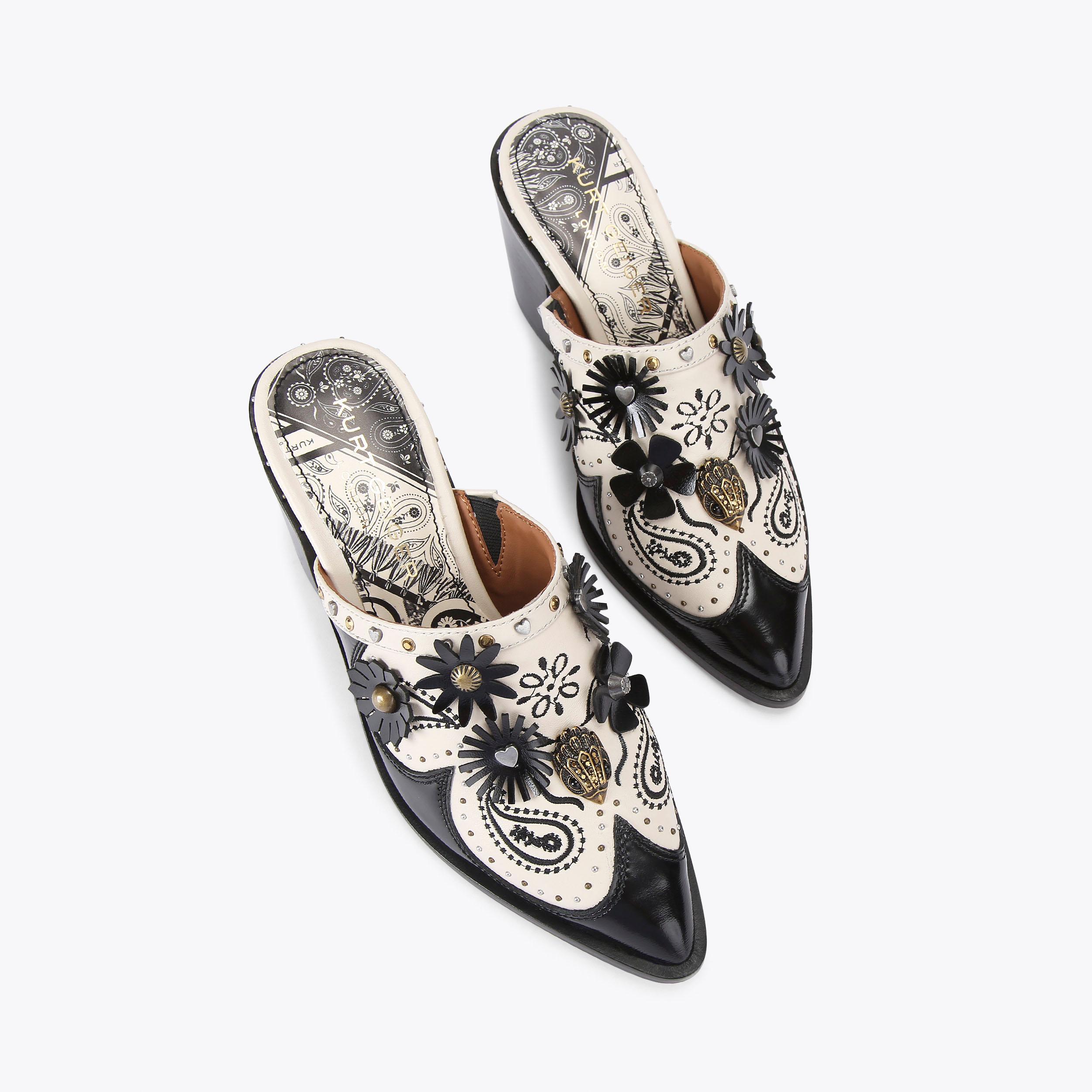 FLOWER WESTERN MULE White Black Western Shoe by KURT GEIGER