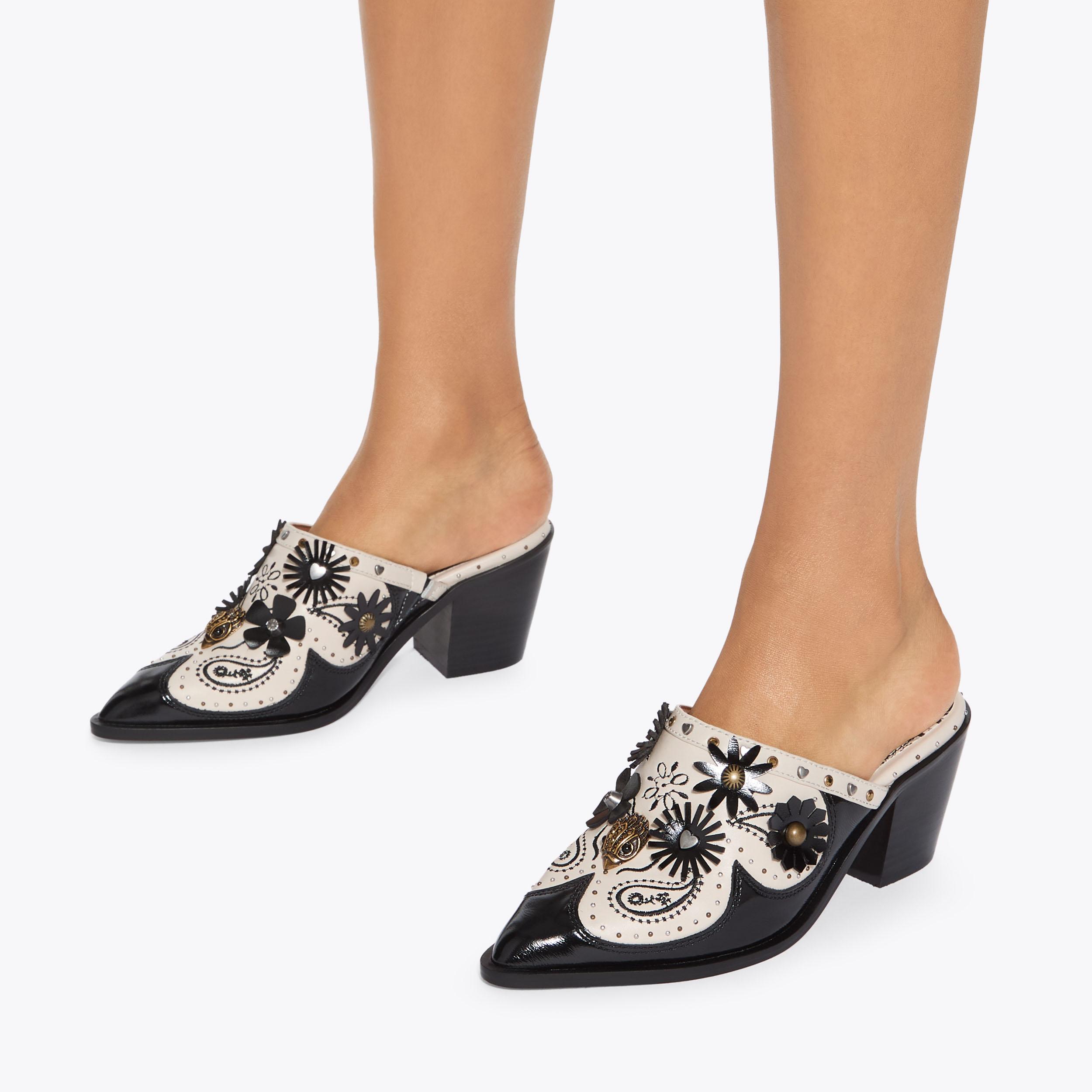 Flower Western Mules White Black Kurt Geiger
