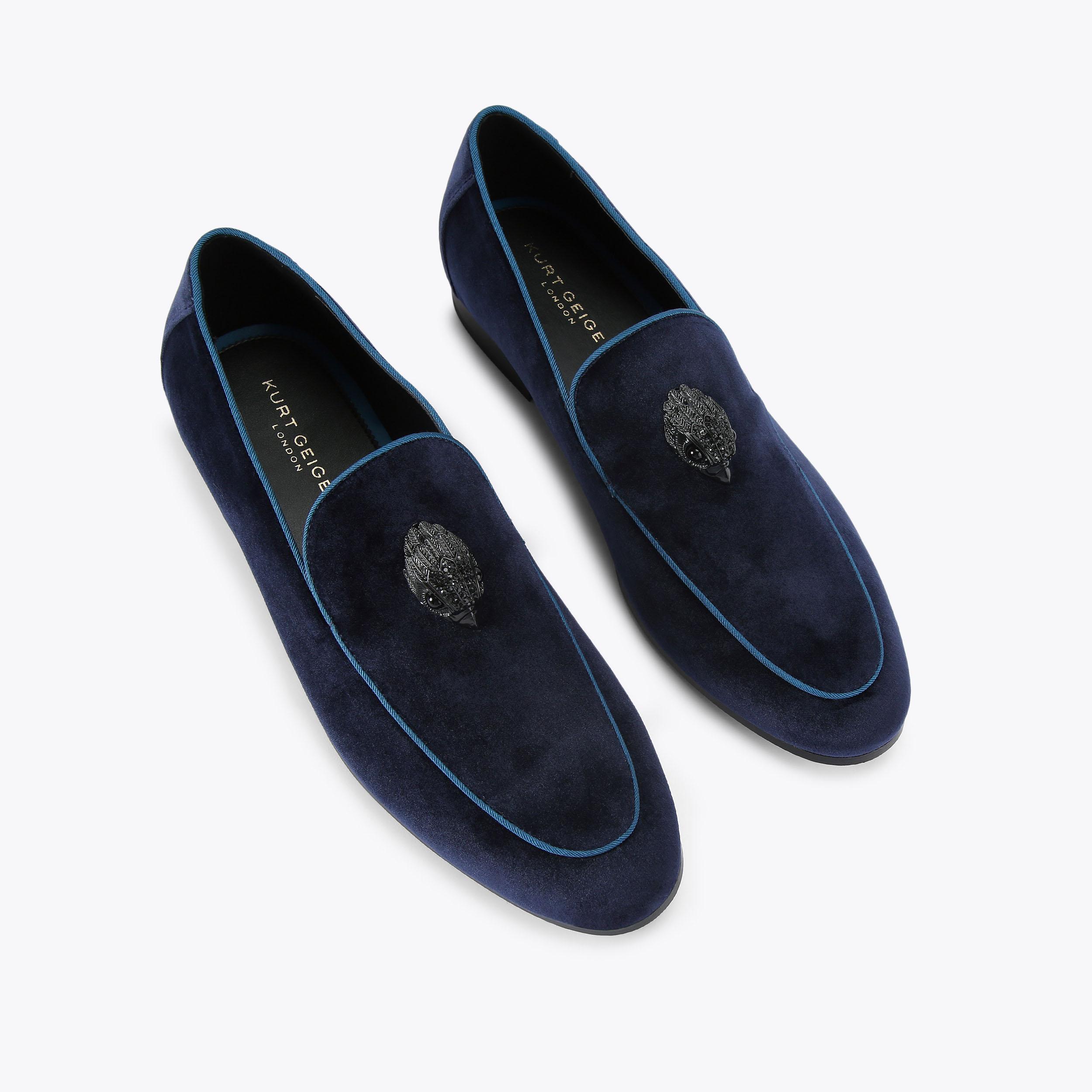 PIERGITAR Velvet Loafer Flat Navy Blue HUGH 2 LOAFER Navy Velvet Loafer by KURT GEIGER LONDON main image 3