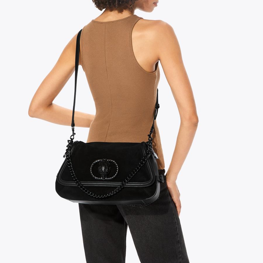 CHELSEA LG SOFT SADDLE DR Black Suede Shoulder Bag by KURT GEIGER