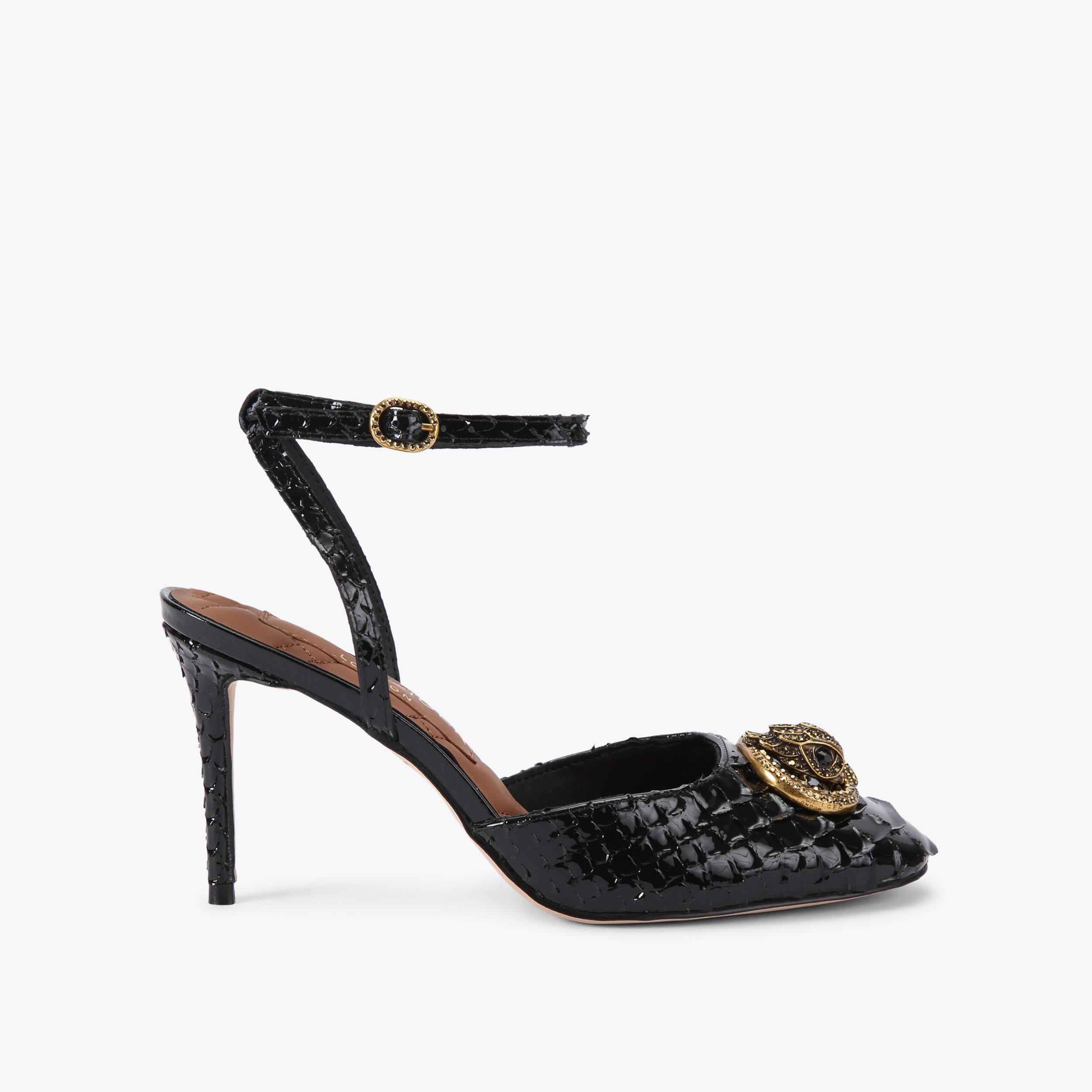 Chelsea Heeled Sandals Black Snake Print | Kurt Geiger