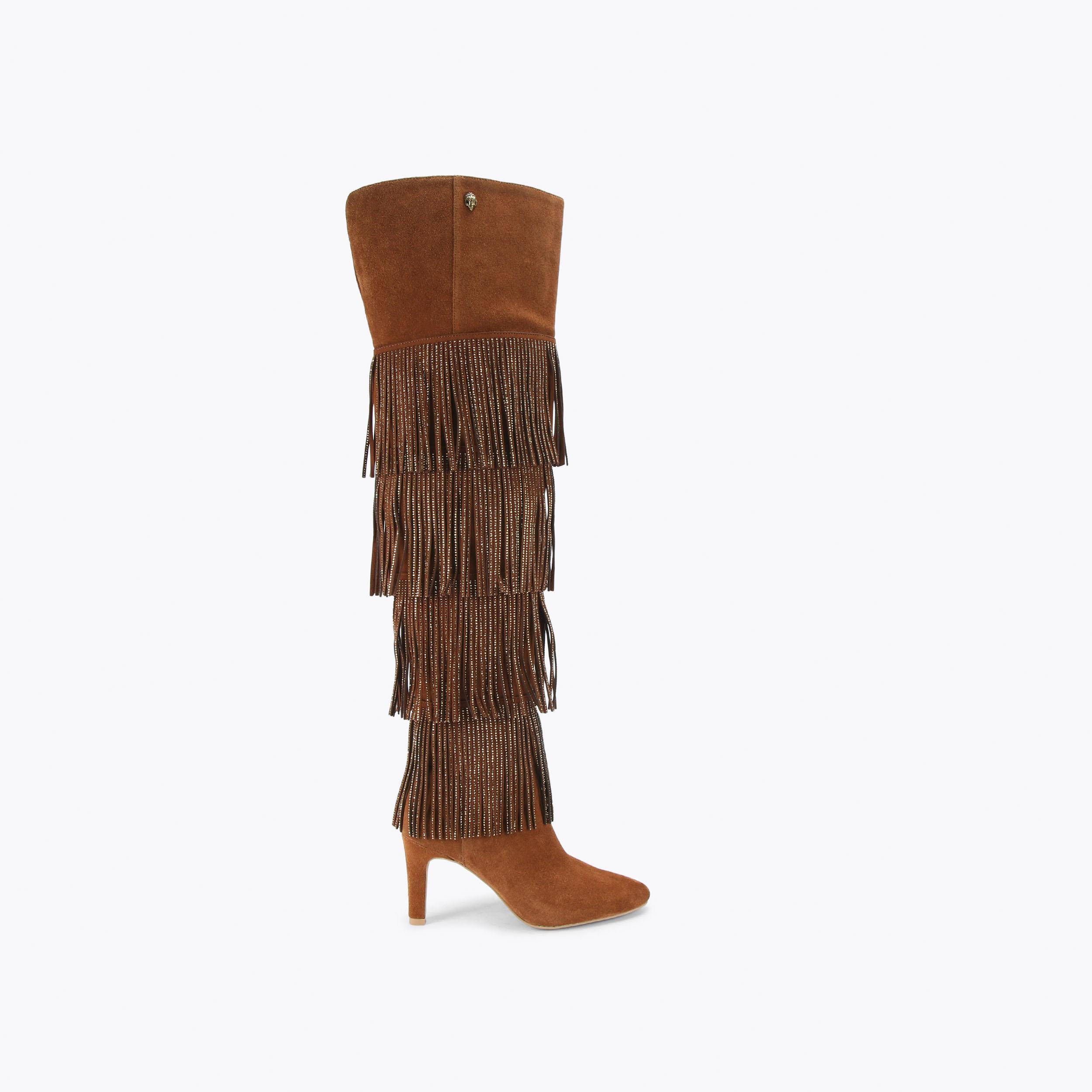 SHOREDITCH OTK BOOT Tan Suede Tassel Knee High Boot by KURT GEIGER
