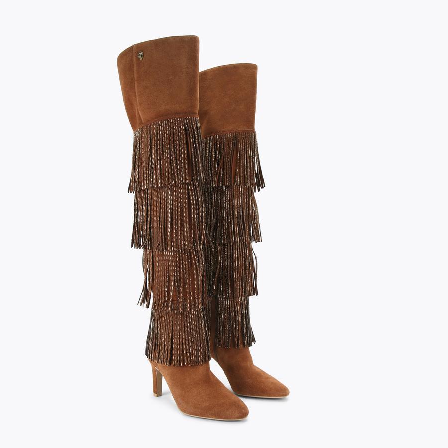 SHOREDITCH OTK BOOT Tan Suede Tassel Knee High Boot by KURT GEIGER