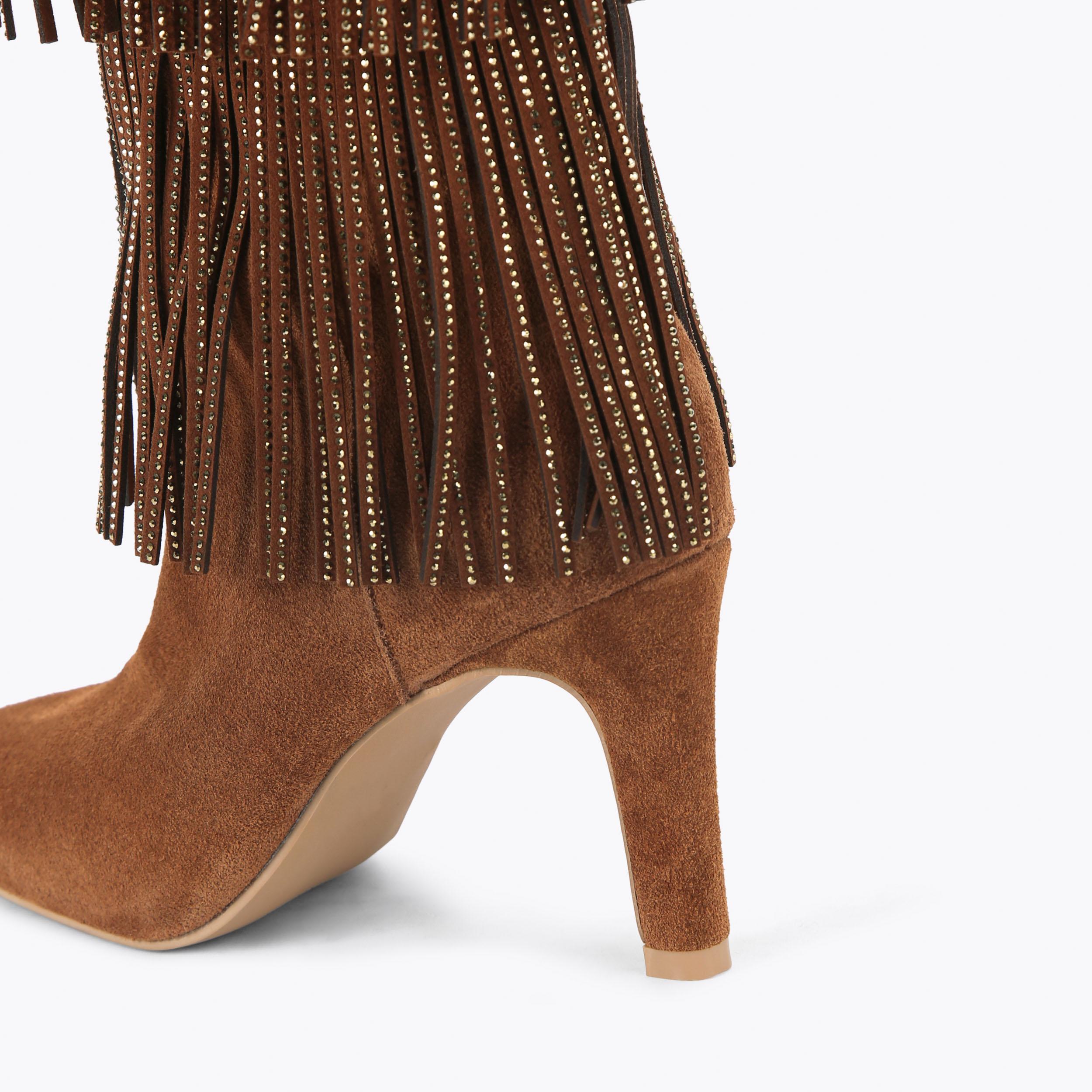 SHOREDITCH OTK BOOT Tan Suede Tassel Knee High Boot by KURT GEIGER
