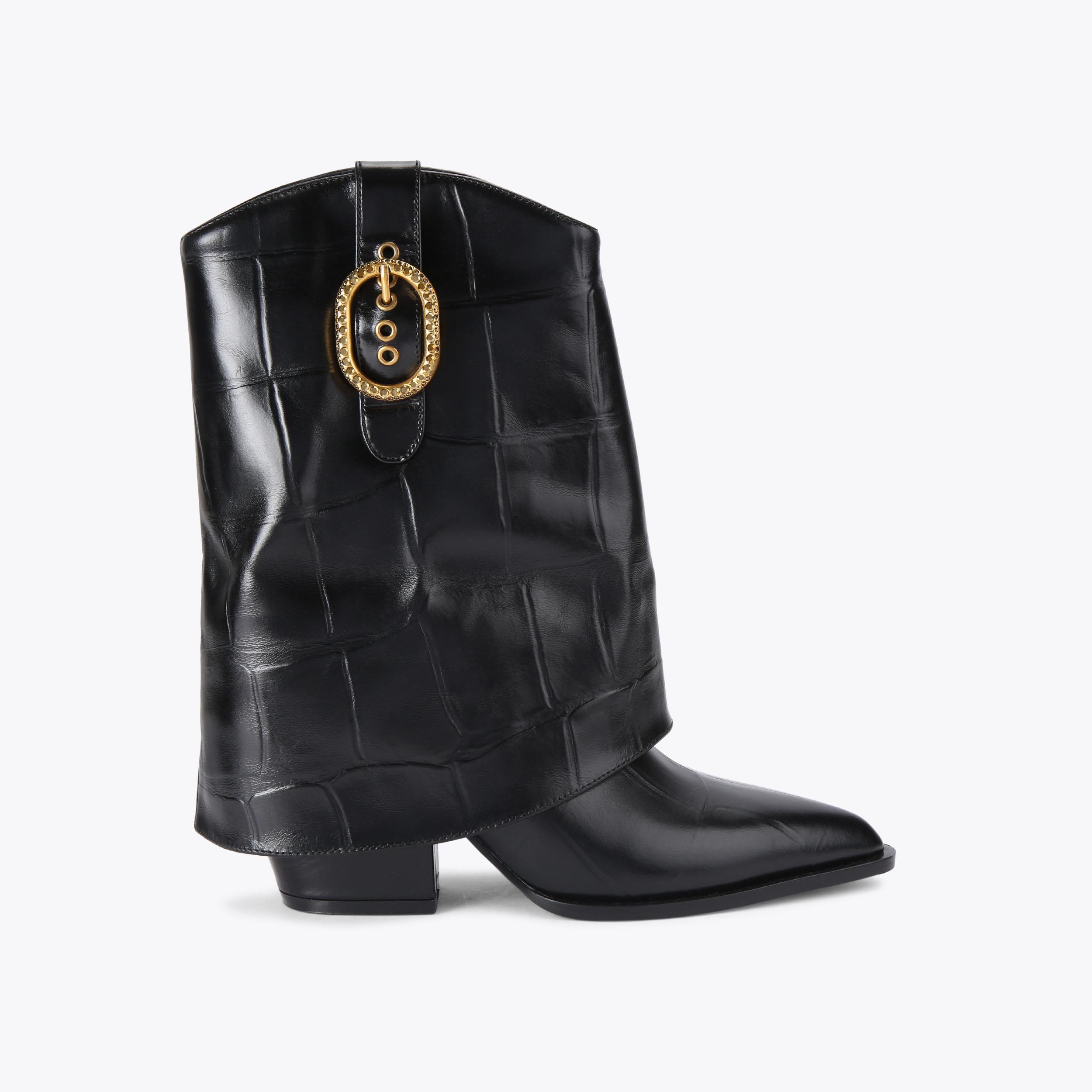 FOLD OVER ANKLE BOOT Black Leather Croc Ankle Boot by KURT GEIGER