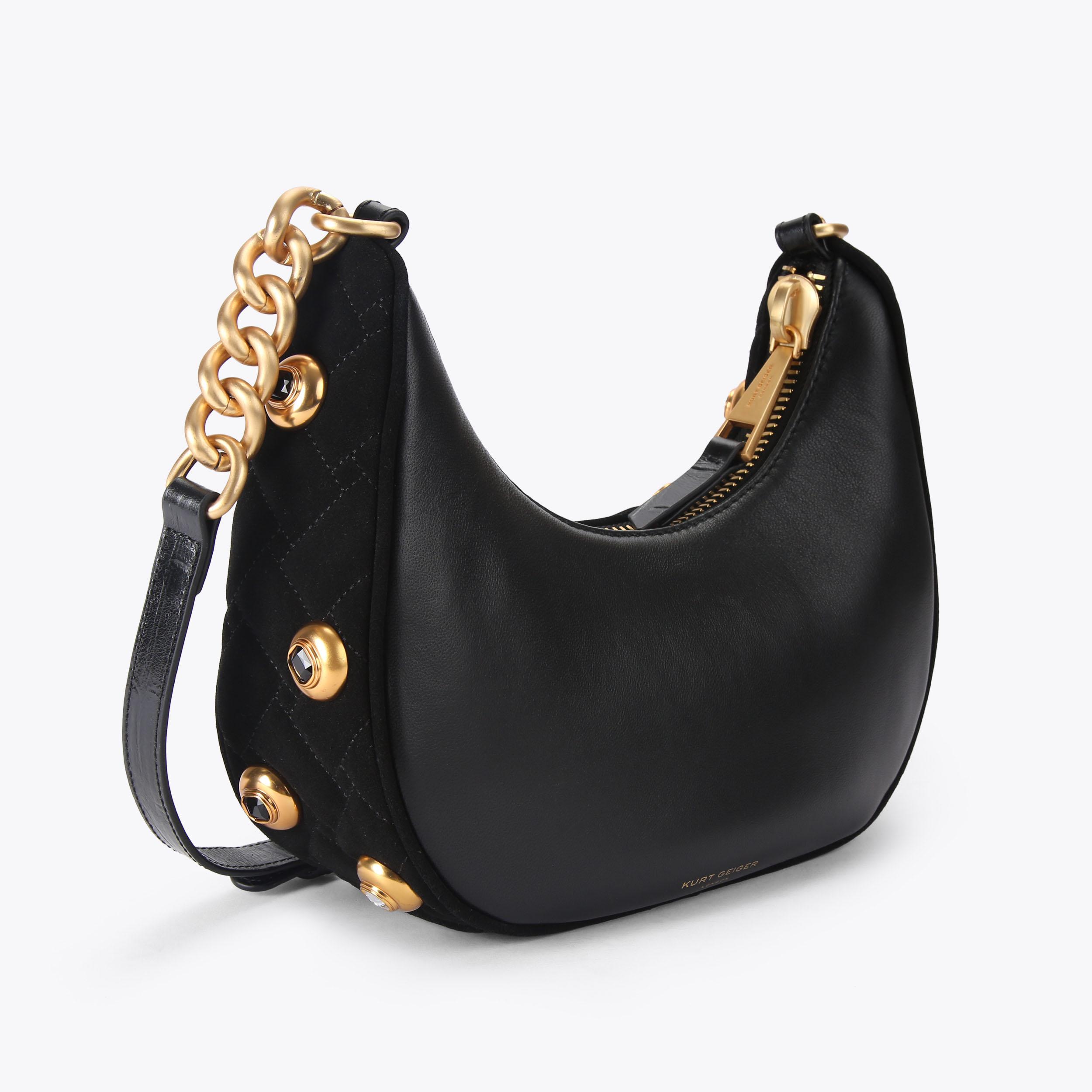 KENSINGTON SM HOBO GEMS Black Suede Leather Bag by KURT GEIGER LONDON