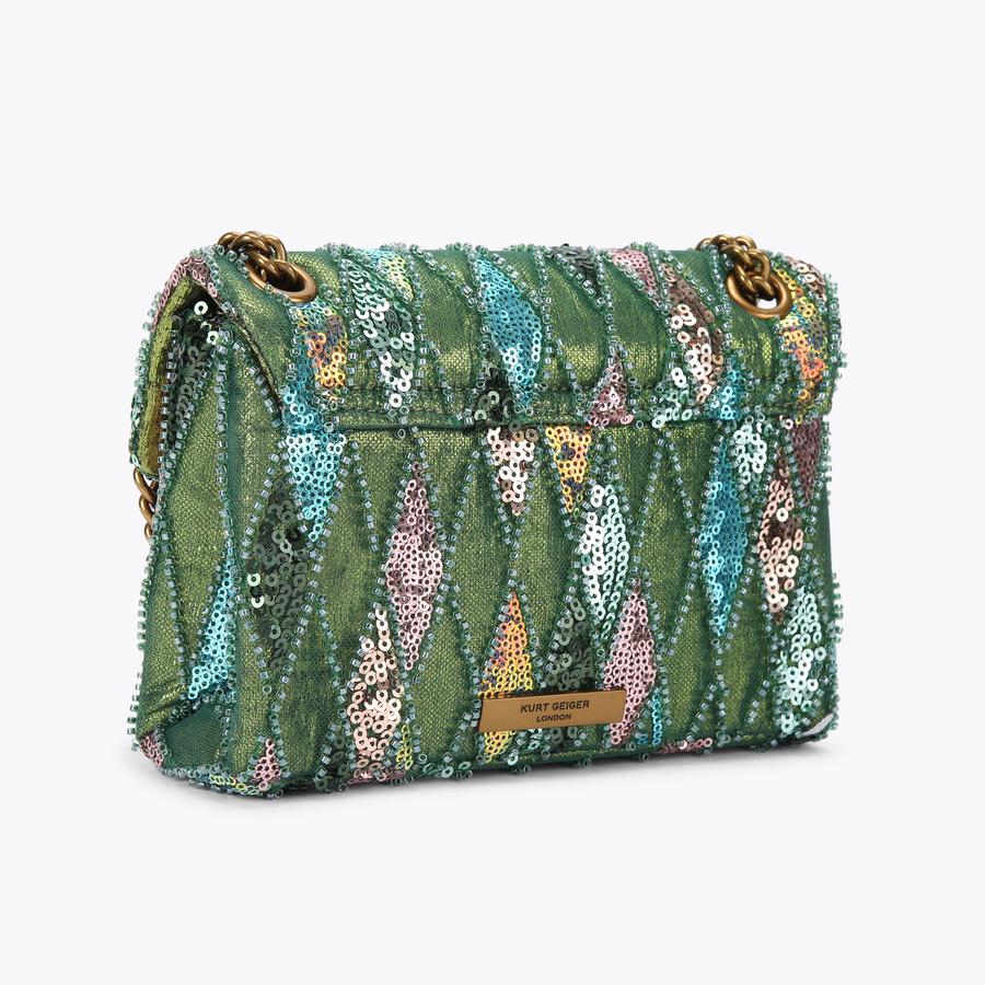 SEQUIN MINI KENSINGTON Silver And Green Crystal Cross Body Purse