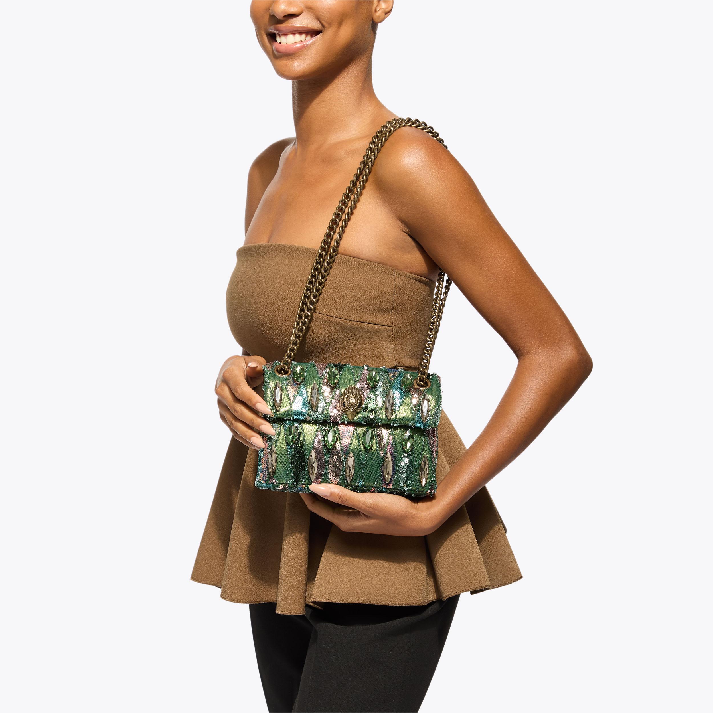 SEQUIN MINI KENSINGTON Silver And Green Crystal Cross Body Purse