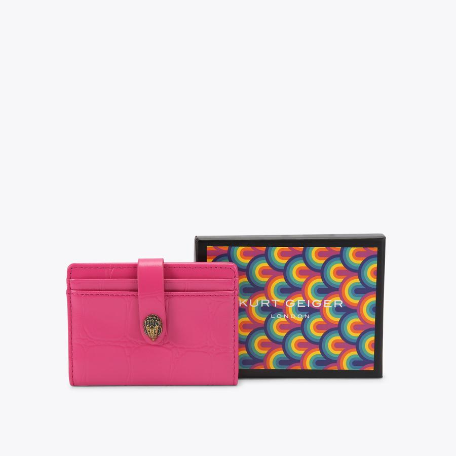MULTI CARD KENSINGTON Bright Pink Croc Embossed Leather Card