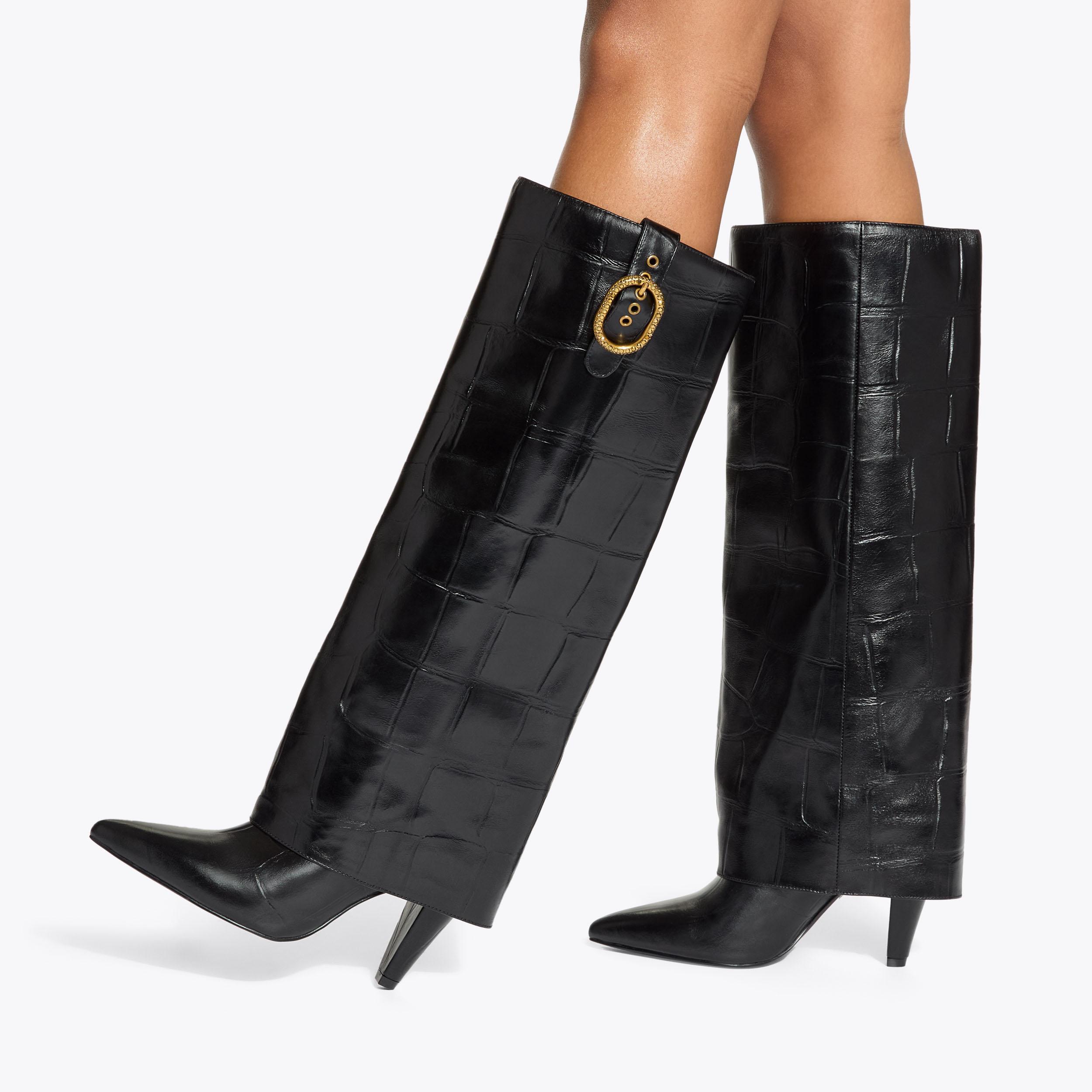 FOLD OVER TALL BOOT Black Croc Tall Boot by KURT GEIGER LONDON