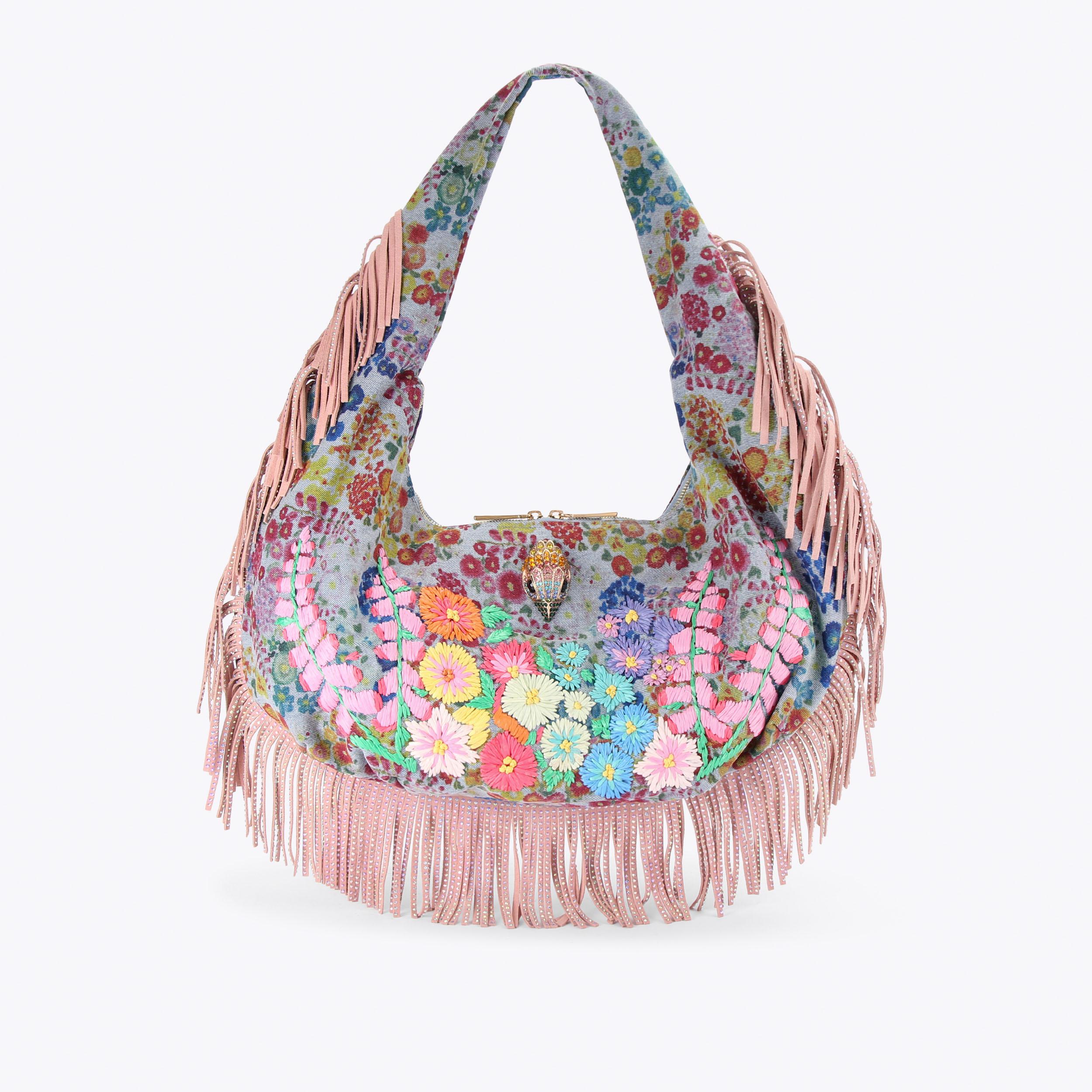 SHOREDITCH LG HOBO FRINGE Denim Floral Large Shoulder Bag by Kurt