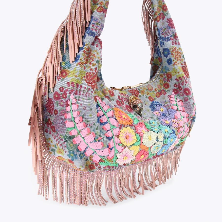 SHOREDITCH LG HOBO FRINGE Denim Floral Large Shoulder Bag by Kurt