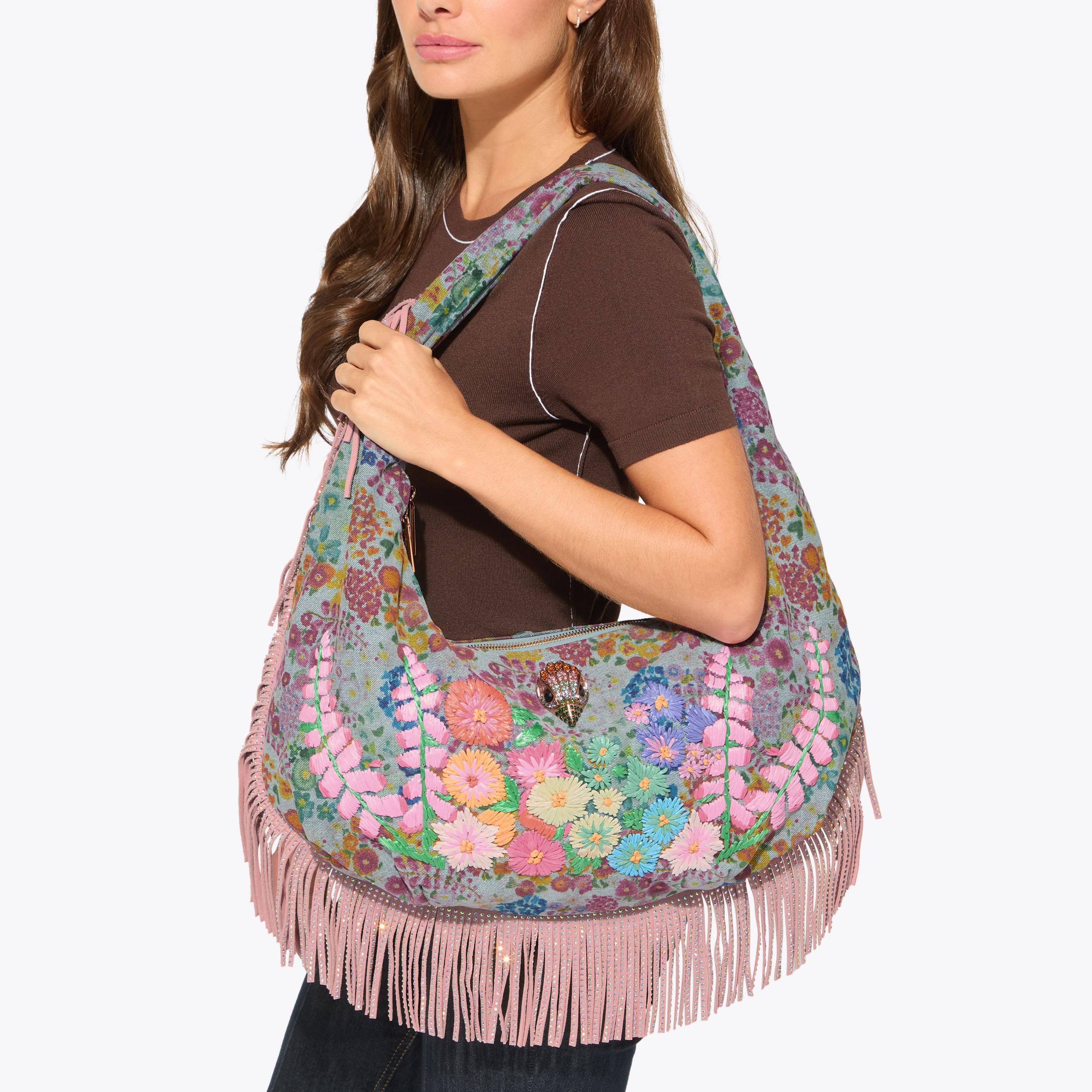 SHOREDITCH LG HOBO FRINGE Denim Floral Large Shoulder Bag by Kurt