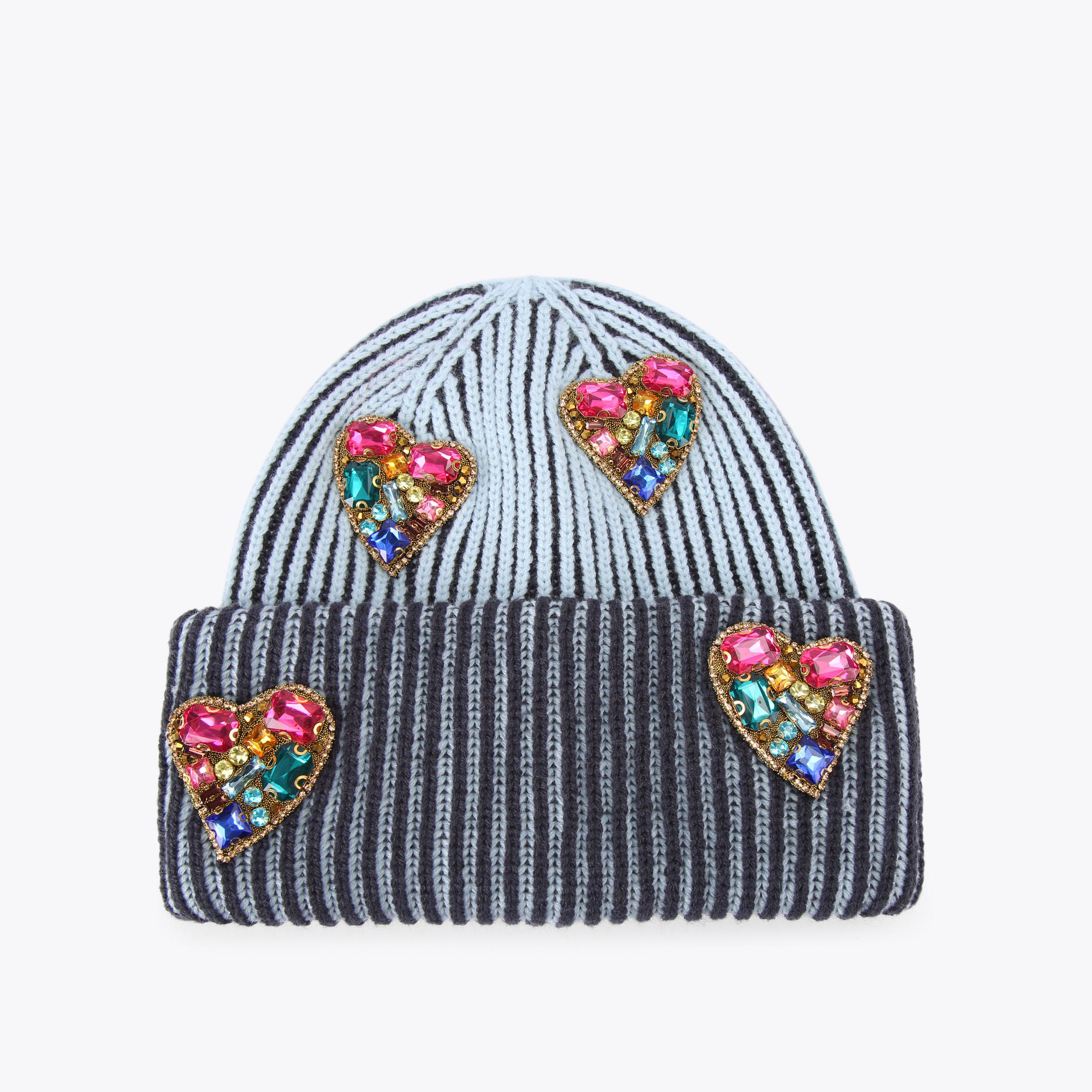 HEART GEM BEANIE Blue Knitted Roll Up Hat by KURT GEIGER LONDON