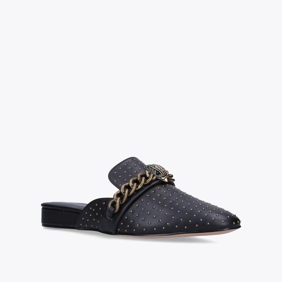 CHELSEA MULE Black Eagle Chain Stud Leather Flat Mules by