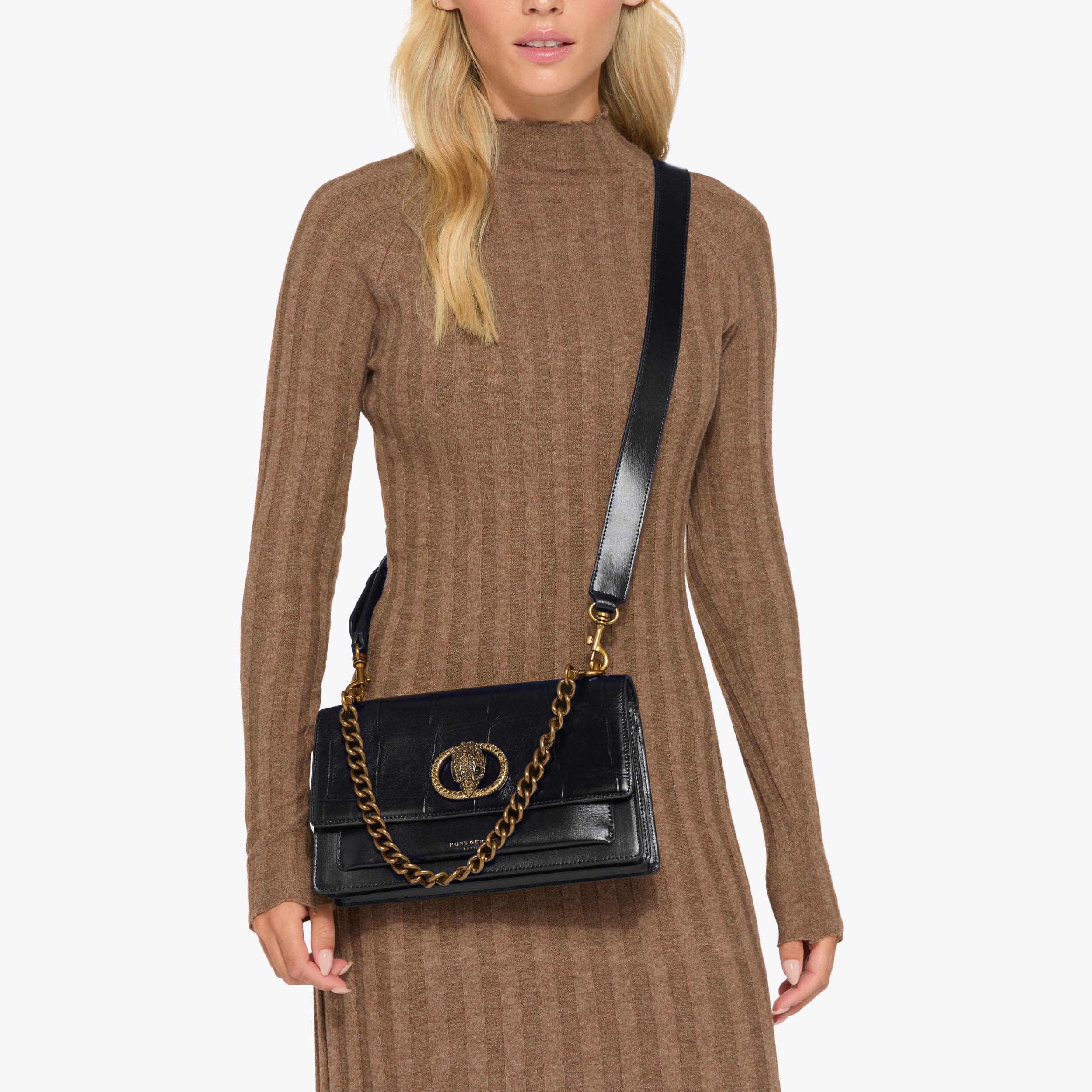 CHELSEA EASTW BAG Black Leather Croc Cross Body Bag by KURT GEIGER