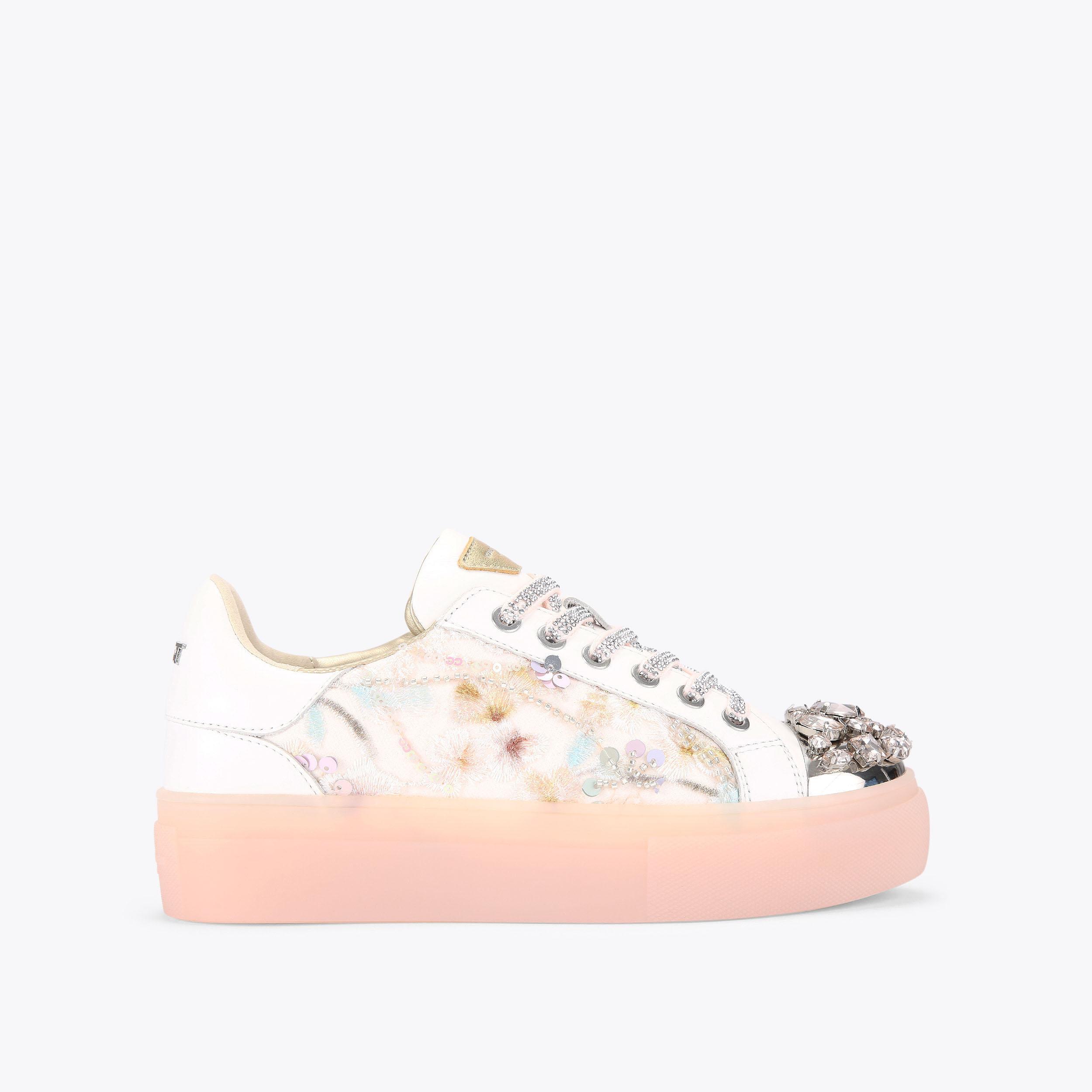 CRYSTAL TOECAP CUPSOLE Bone Leather Lace Up Sneaker by KURT GEIGER