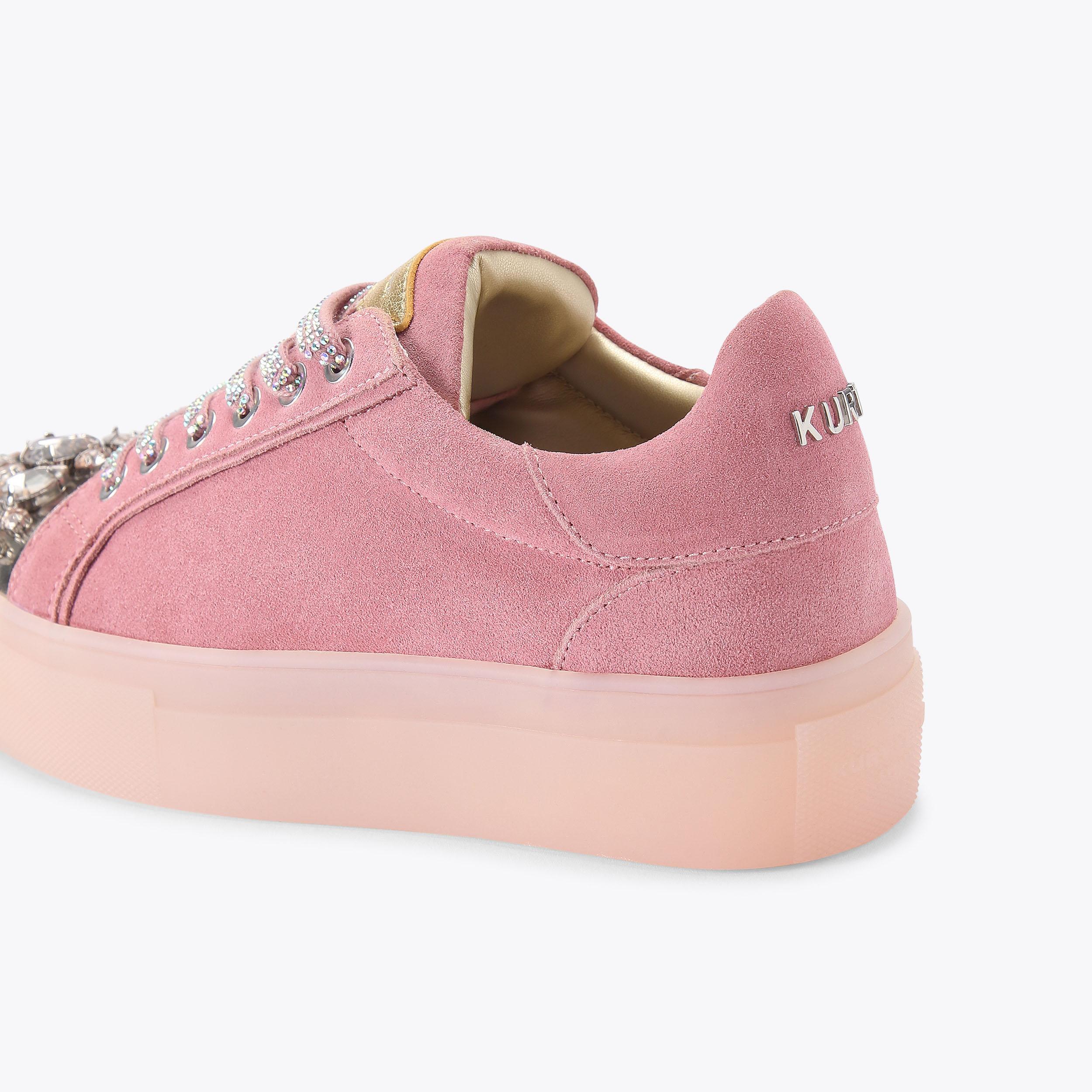 CRYSTAL TOECAP CUPSOLE Pink Suede Lace Up Sneaker by KURT GEIGER