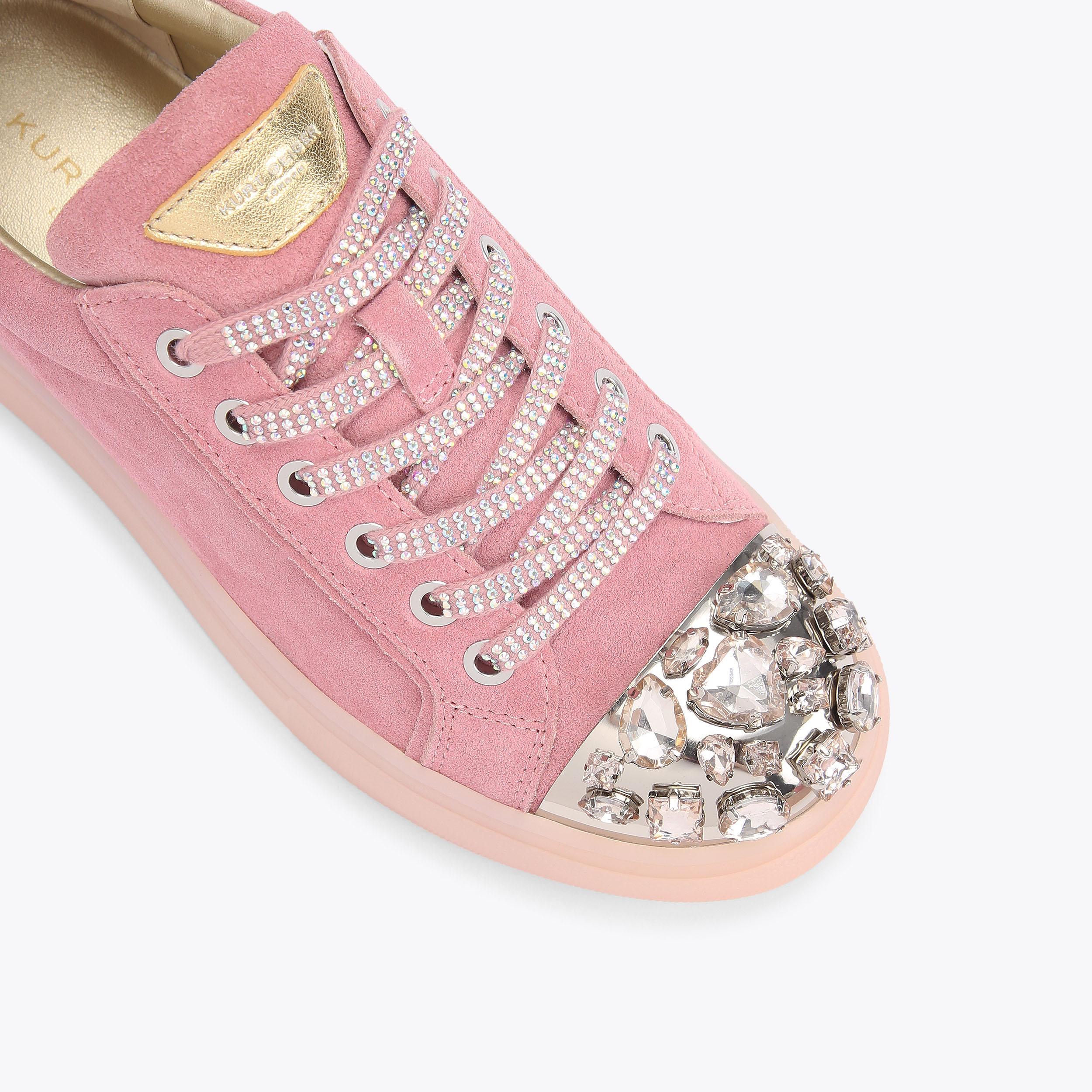 CRYSTAL TOECAP CUPSOLE Pink Suede Lace Up Sneaker by KURT GEIGER
