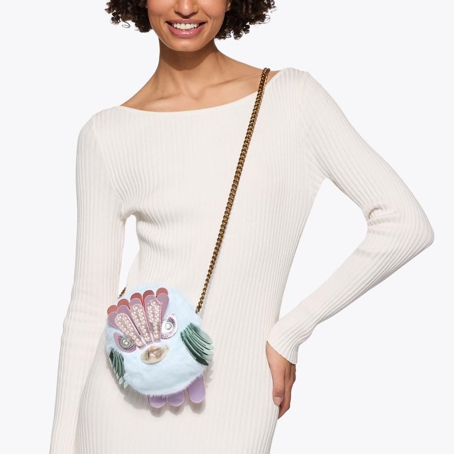 POM POM EAGLE XBODY BAG Pale Blue Faux Fur Cross Body Bag by KURT