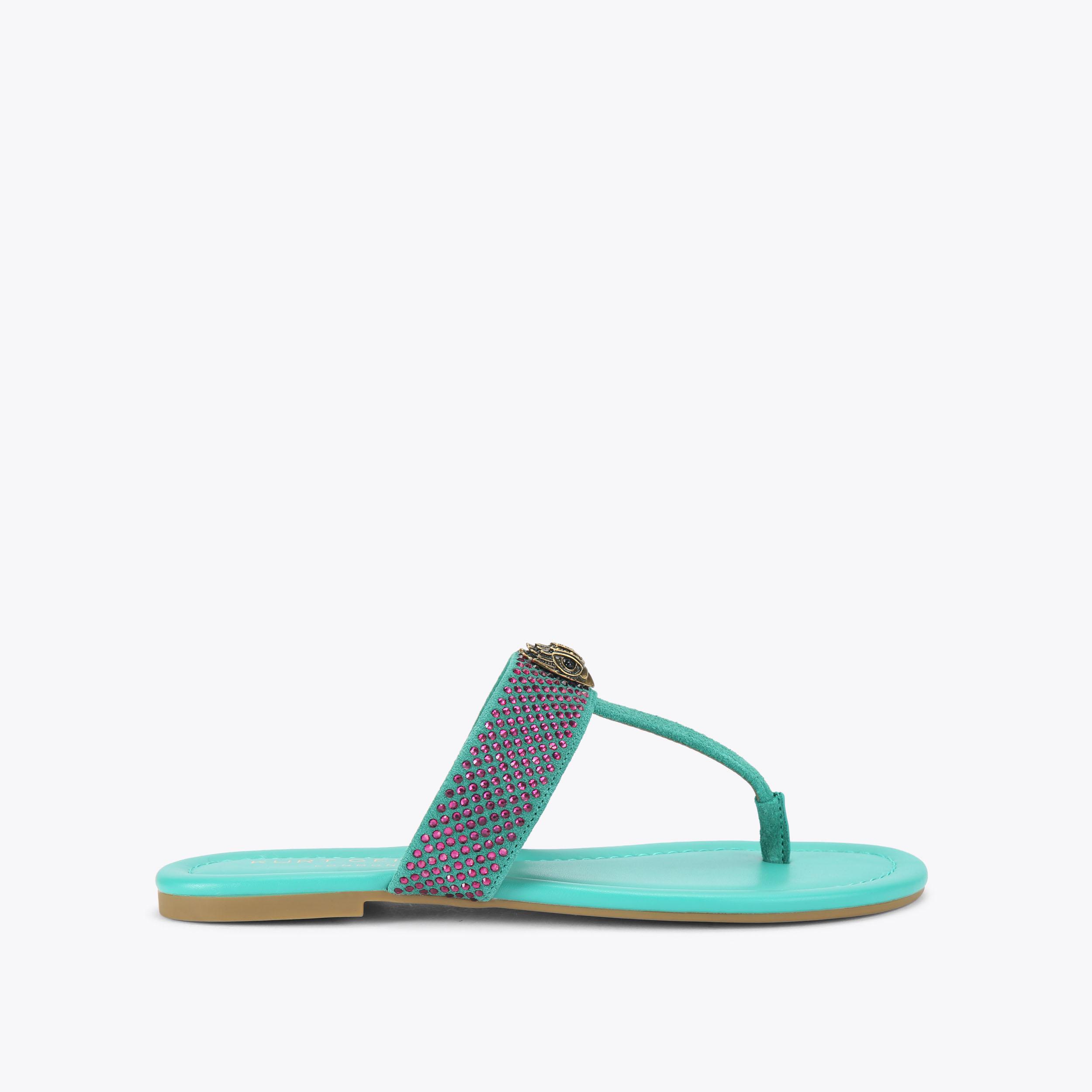 KENSINGTON CRYSTAL T BAR Green Suede Sandal by KURT GEIGER LONDON